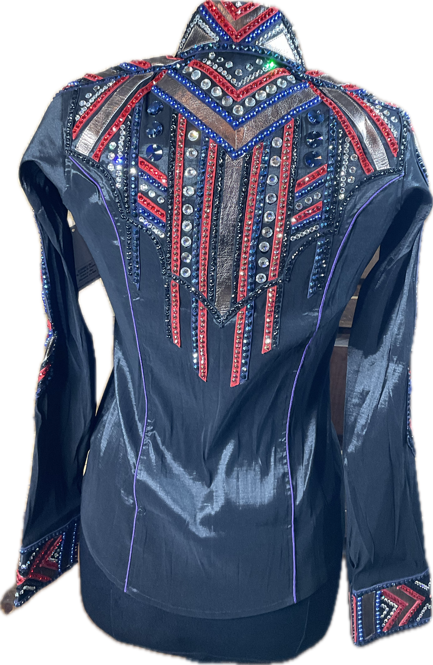 Medium Stretch Black Stretch Taffeta with red, rose gold, navy blue and purple accents