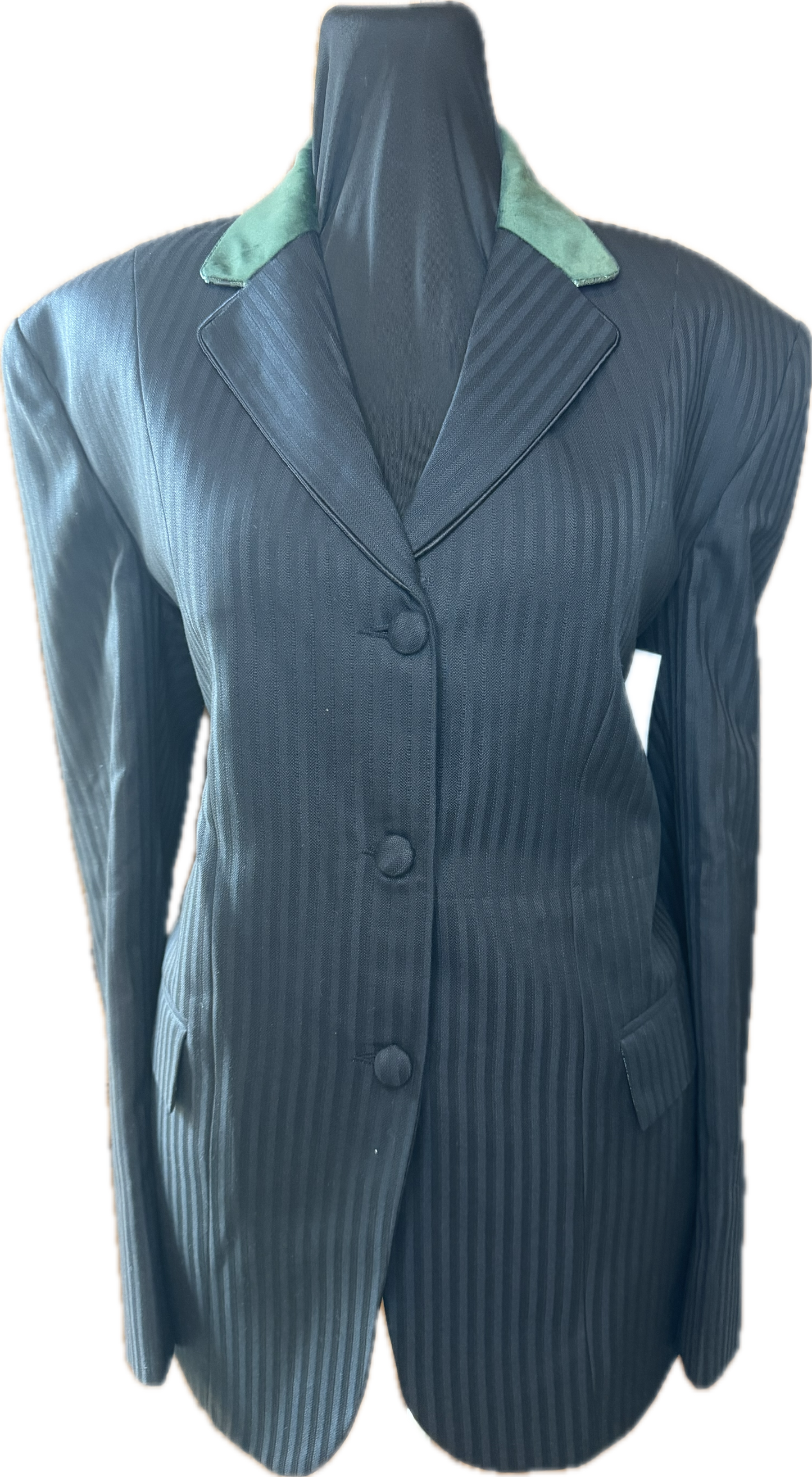 *38 Bust* Black Pinstripe with Dark Green Velvet Collar and Matching Piping
