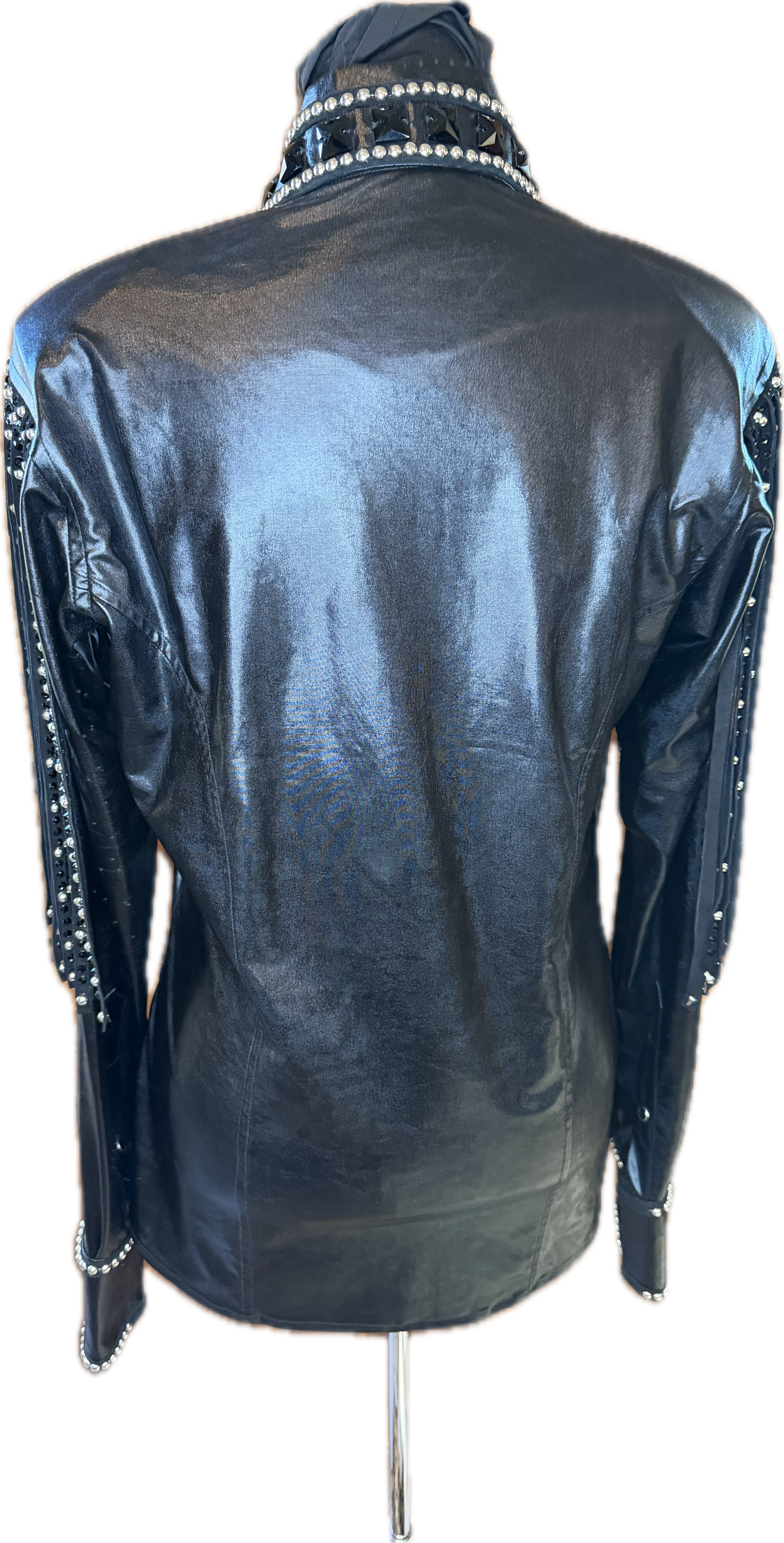 Medium Black Lycra Day Shirt with Shoulder Fringe with Silver and Black