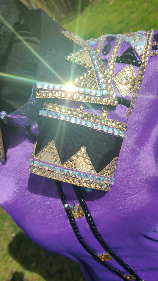Size medium stretch Purple taffeta with Black Gold and Silver