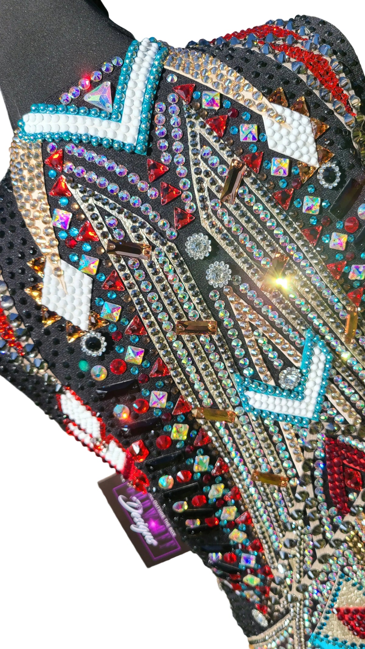 Size small Black Vest, with red, white, aqua and gold
