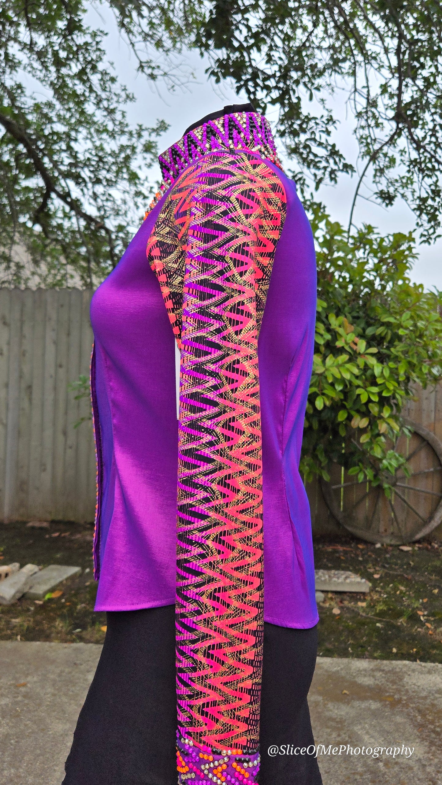 Size Small stretch Purple taffeta with pink, orange and gold