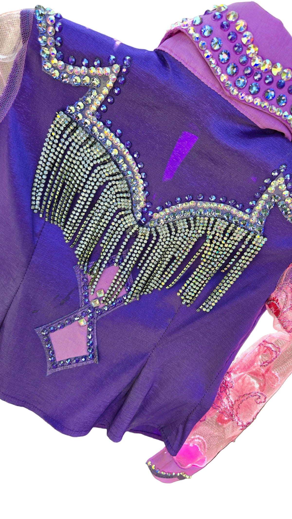 Kids 4 Purple Stretch Taffeta Day Shirt with pink lace sleeves, silver fringe
