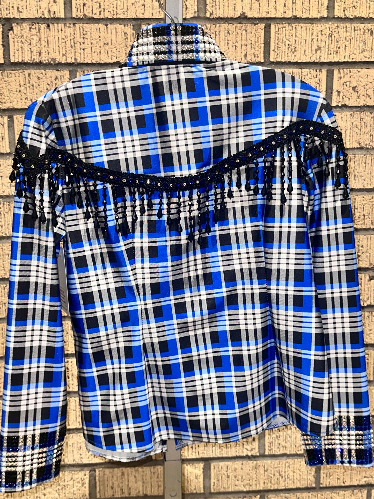 Kids 12-14 blue and black plaid stretch day shirt with black crystals