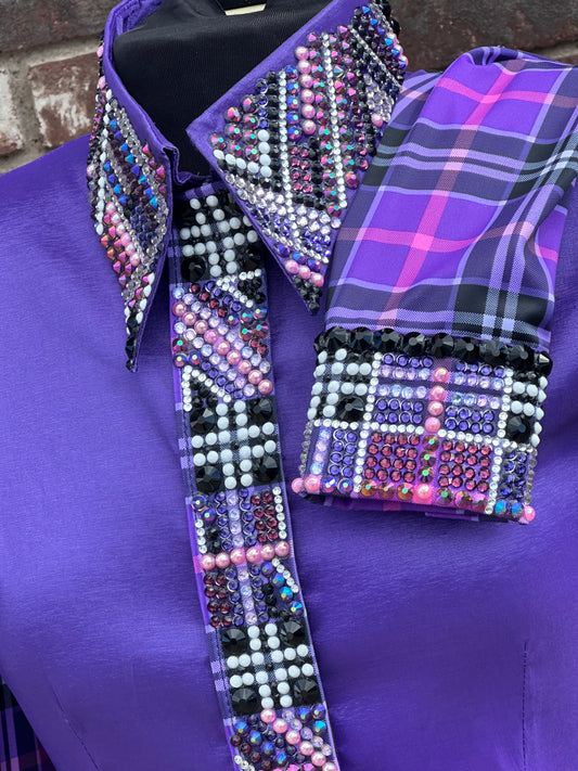 Size medium stretch purple taffeta with gorgeous plaid sleeve and hidden zipper