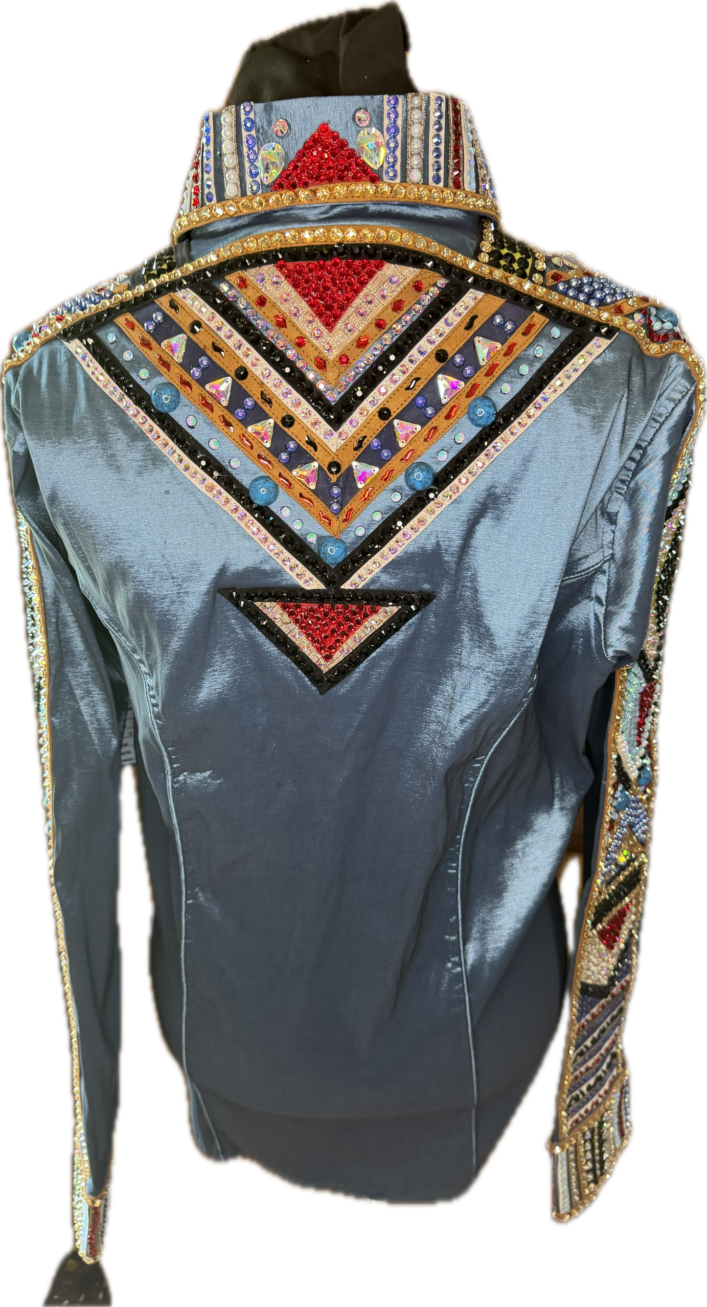 XL Day Shirt Turquoise Stretch Taffeta with Stunning Design Down The Arm with Retro Style