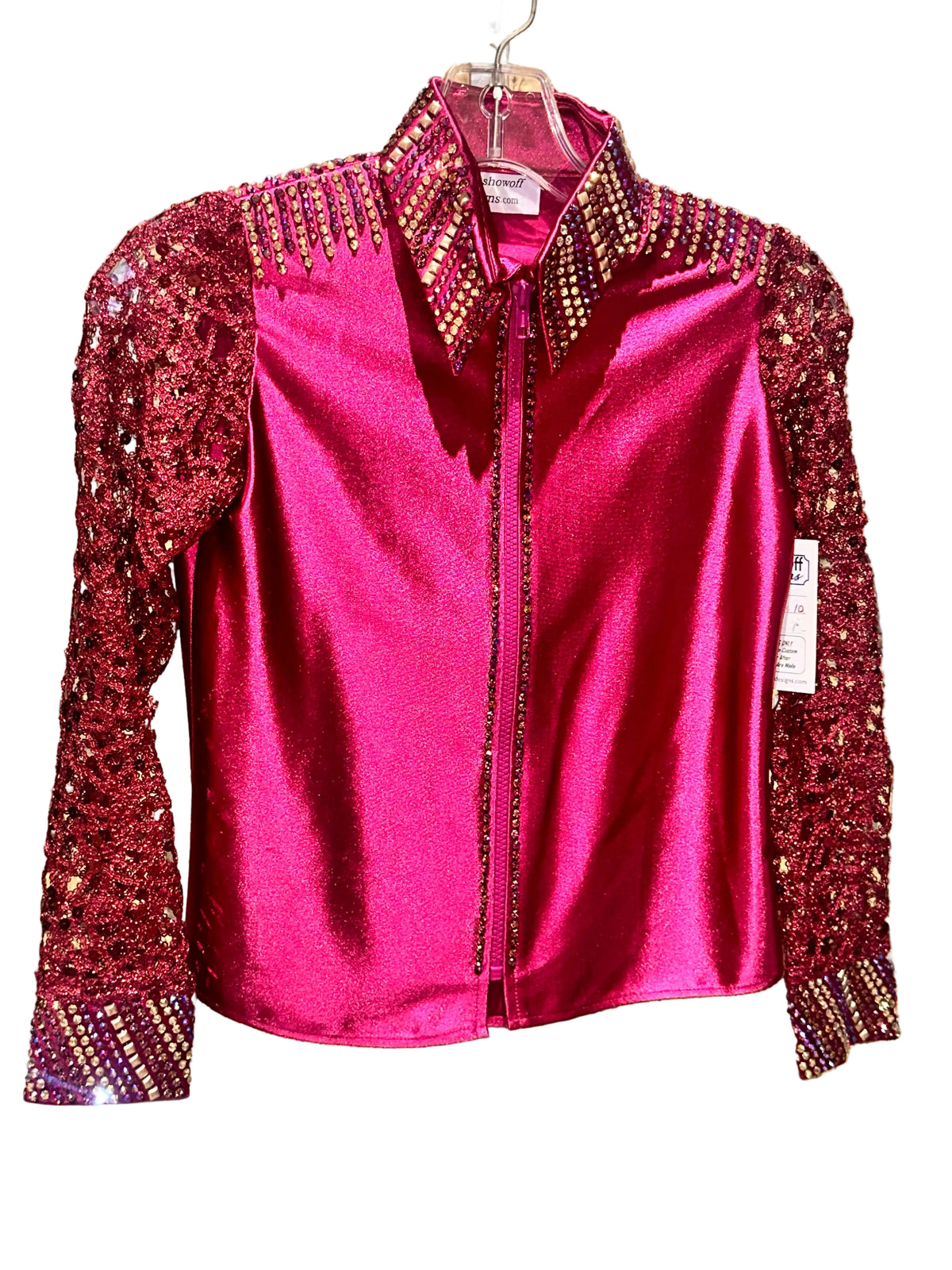 Kids 10 raspberry stretch day shirt with lace sleeves and purple