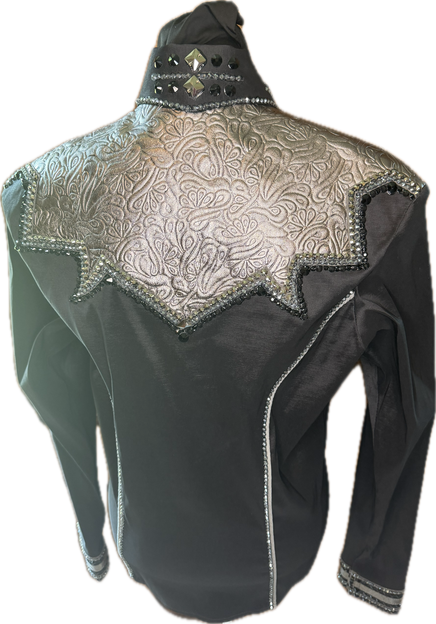 Large Stretch Taffeta Day Shirt Black with Soft Charcoal Tooled Leather Retro Design