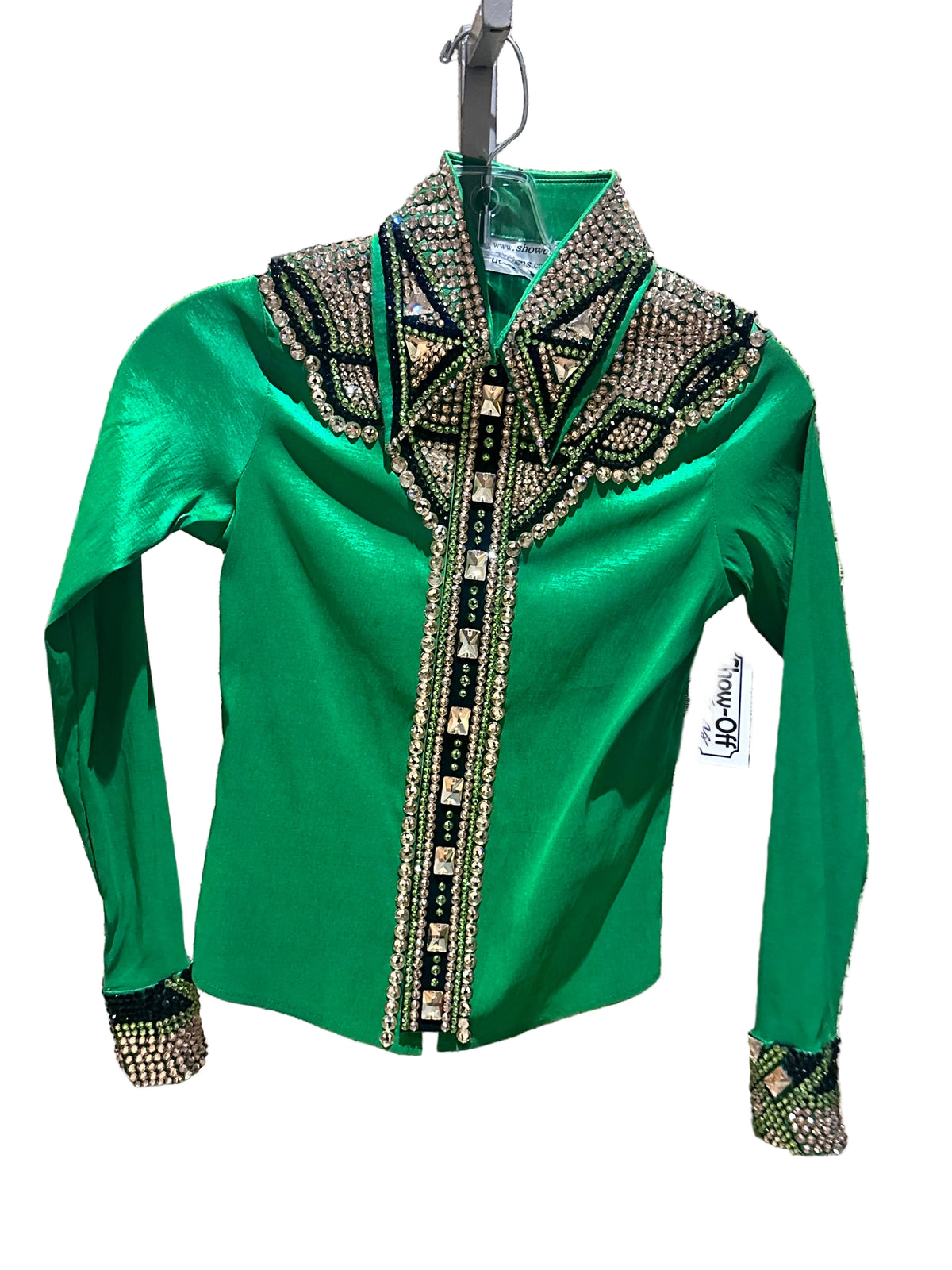 Kids size 12 green stretch taffeta day shirt with black and gold
