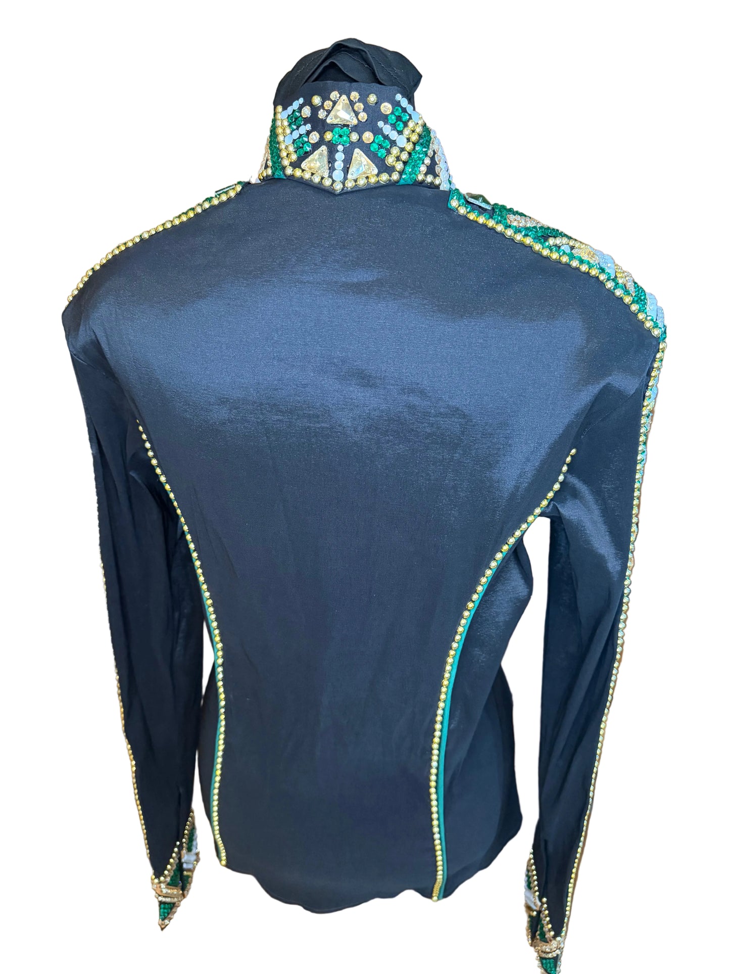 Large Black Stretch Taffeta Day Shirt with Emerald Green and Gold