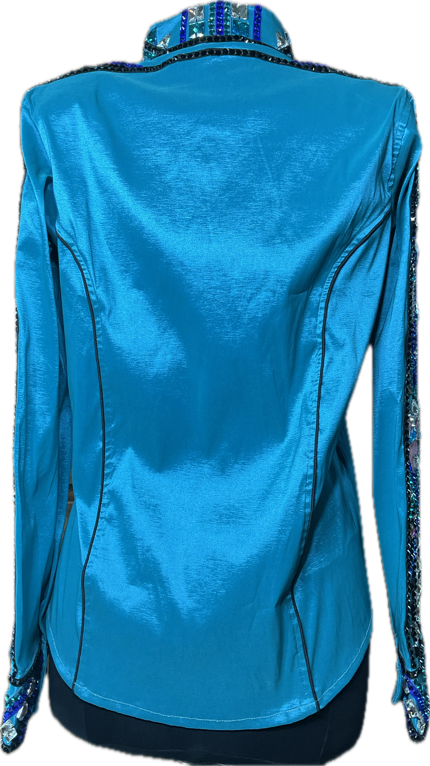 Size Large Bright Turquoise Stretch Taffeta Day Shirt With Royal Blue, Pink and Clear Accents
