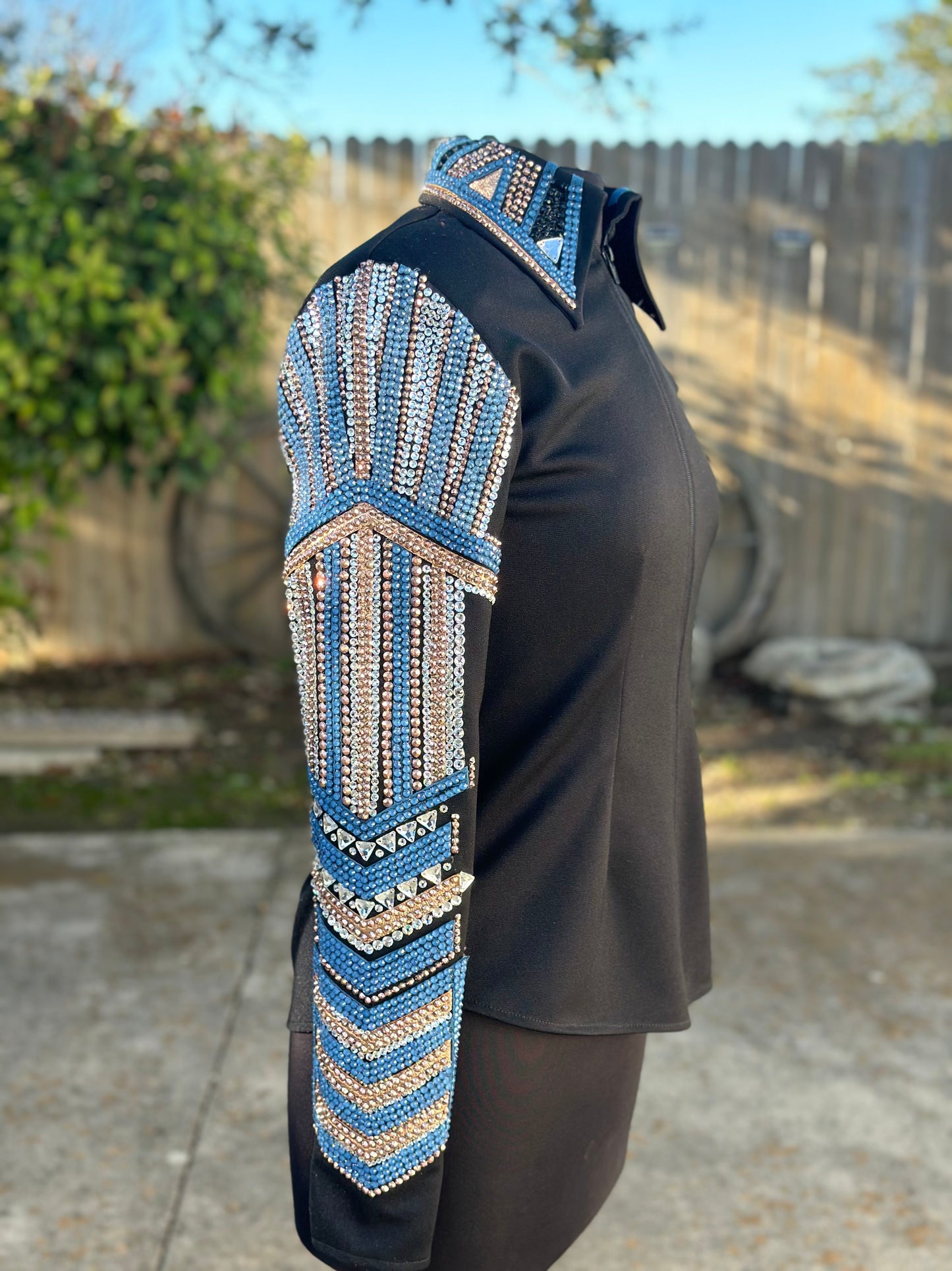 Size medium vest set  with black slate blue and rose gold detachable shoulder fringe.