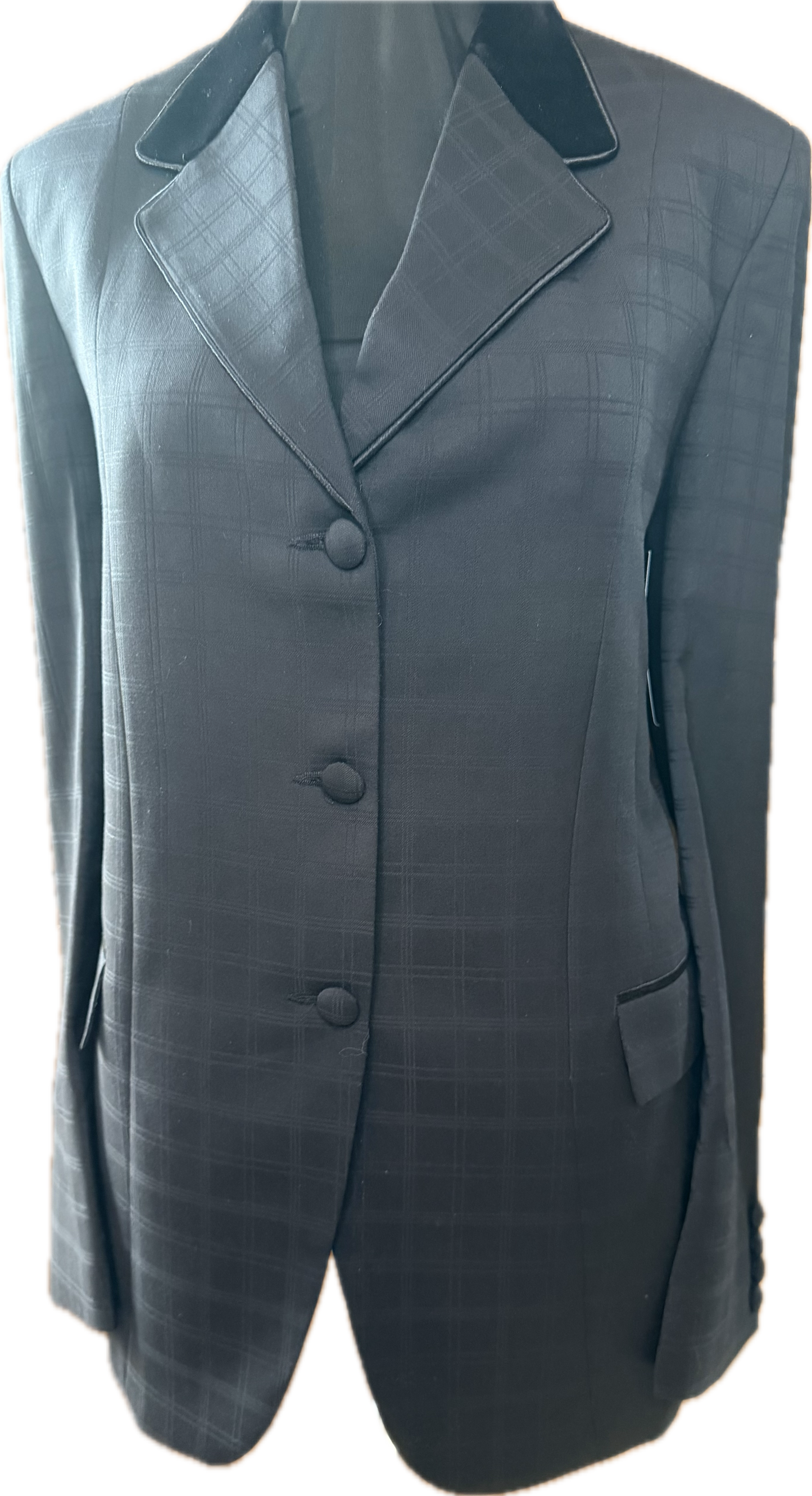 *40 Bust* Black Plaid with Black Velvet Collar Black Piping