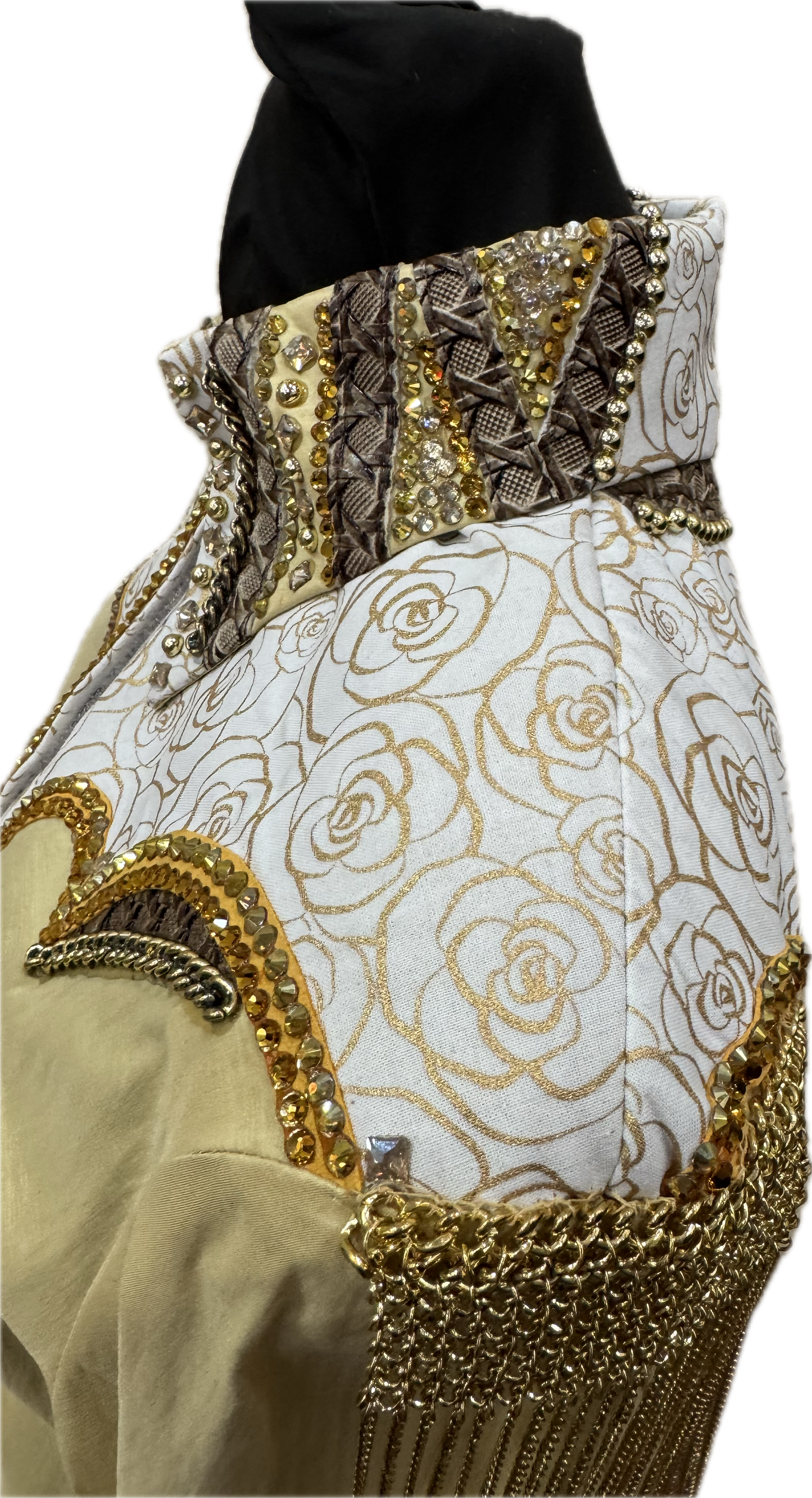 Size Medium Gold Stretch Taffeta. Retro Floral Design with Gold Chain Fringe and Leather Accents
