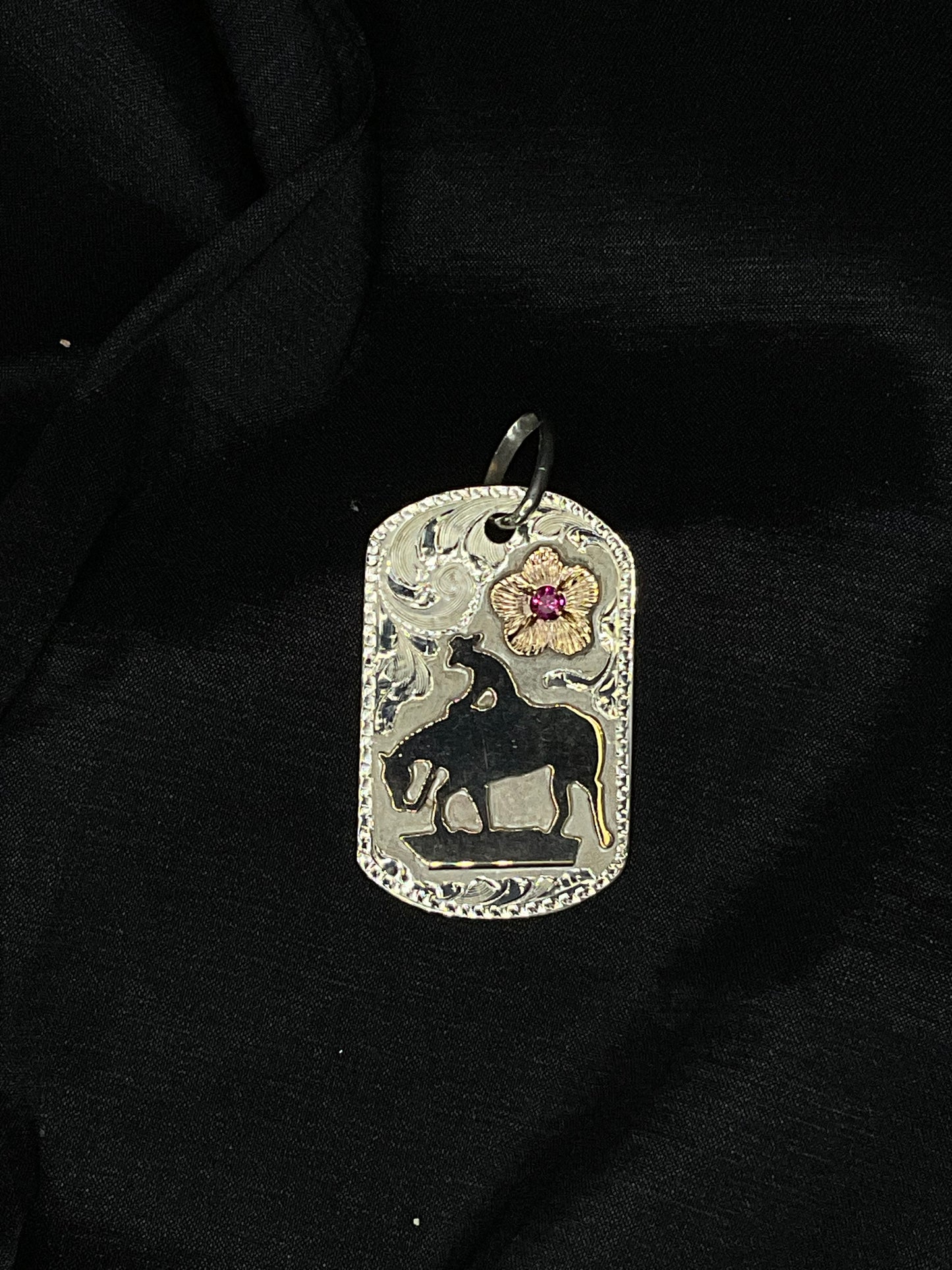 Silver By Wanda #11B Trail horse dog tag with gold floral design and red cz stone