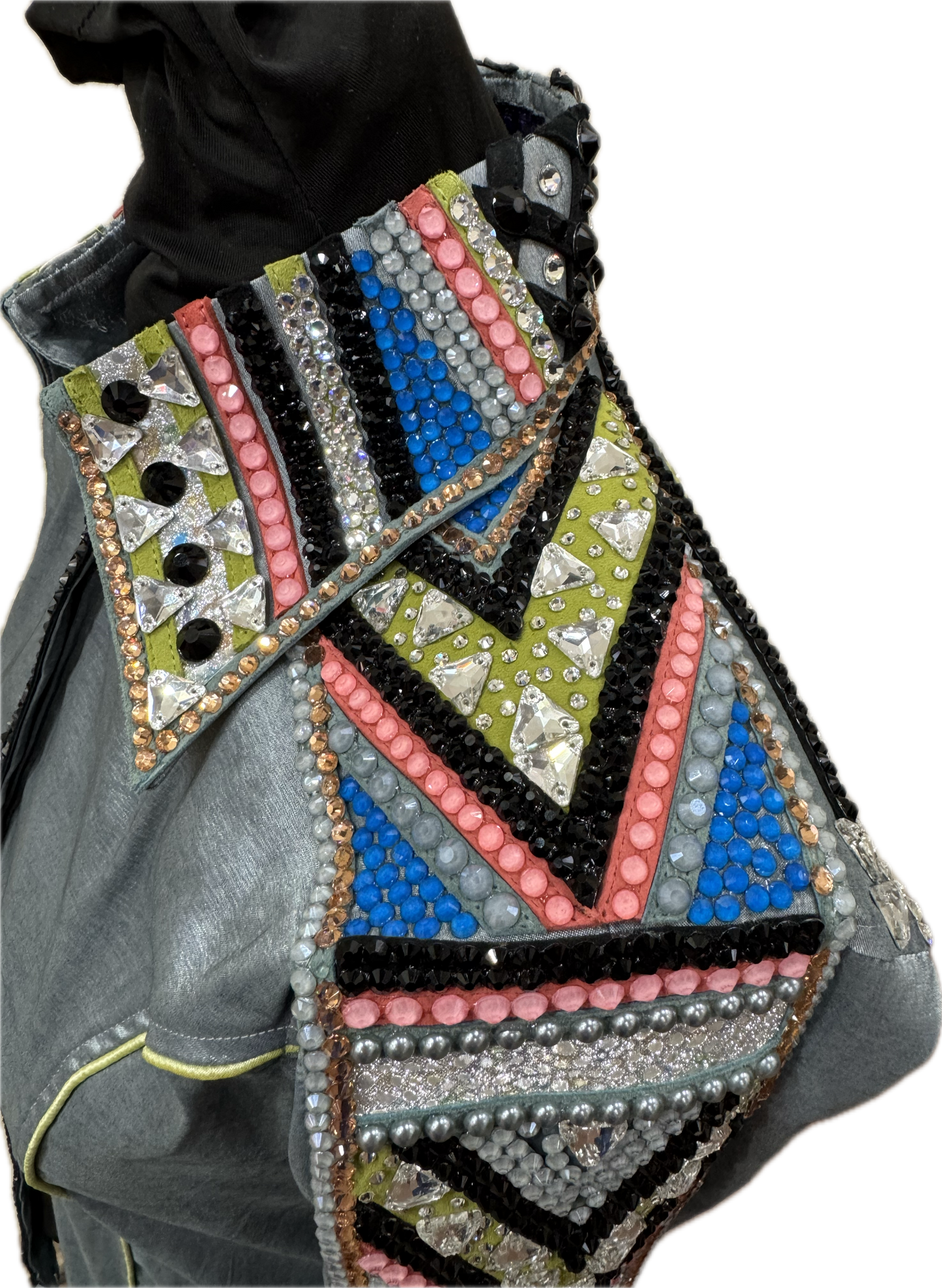 Size Small Light Grey Stretch Taffeta with Coral, Lime Green, Neon Blue and Black Accents