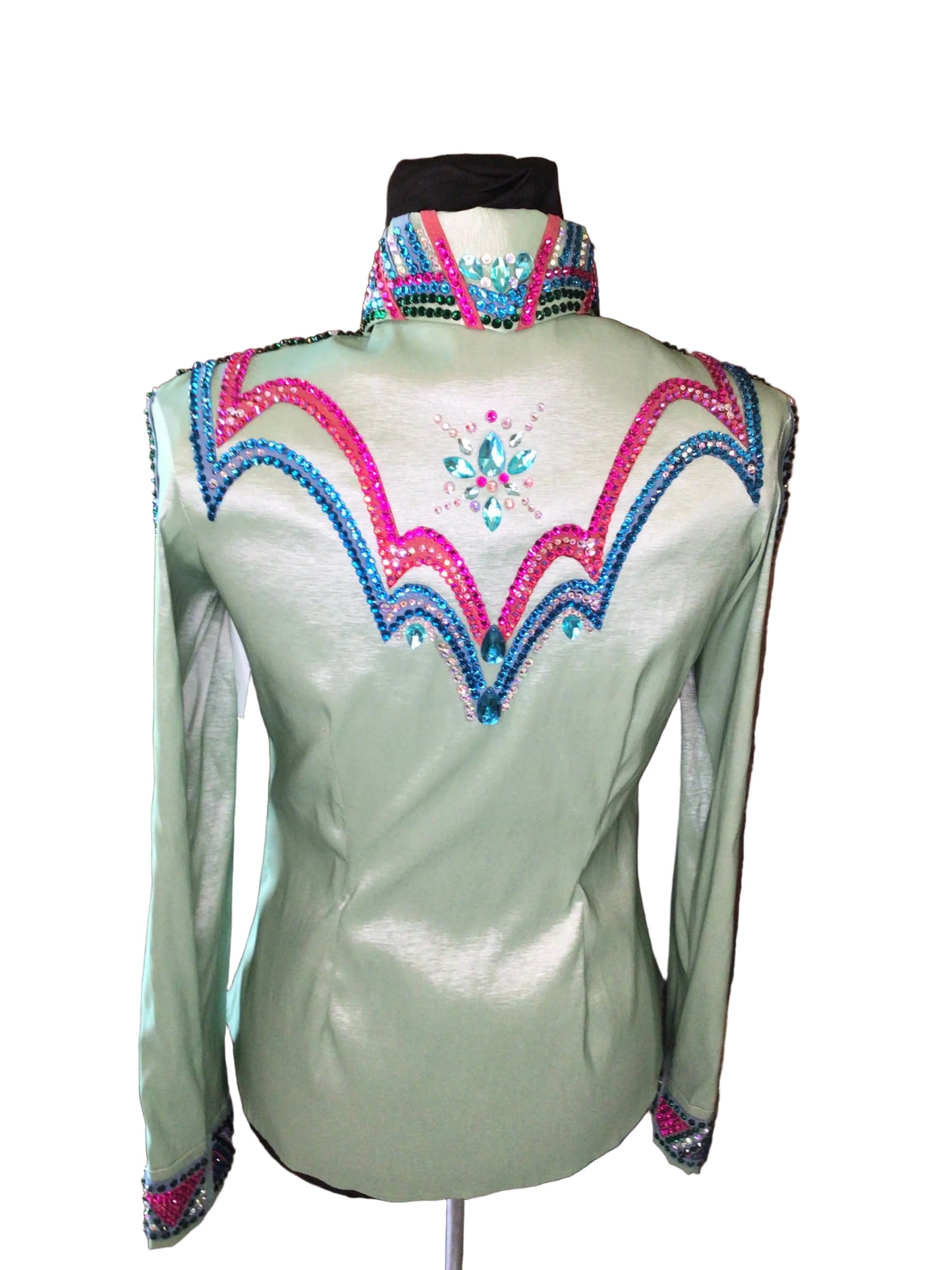 XS Sage Green Stretch Taffeta Day Shirt with Pink and Teal Crystals