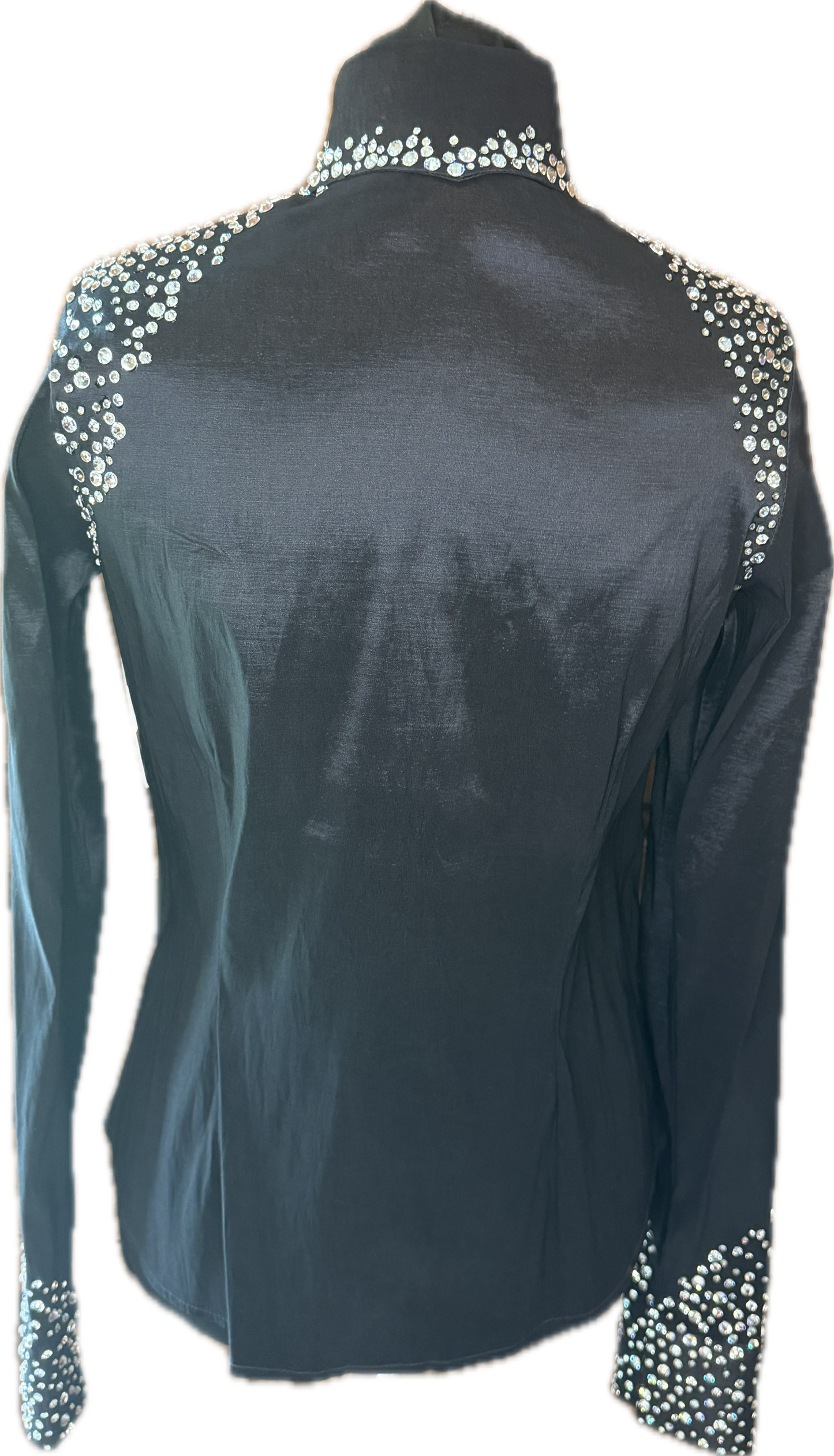 Size small day shirt Black Stretch Taffeta with Clear Crystals