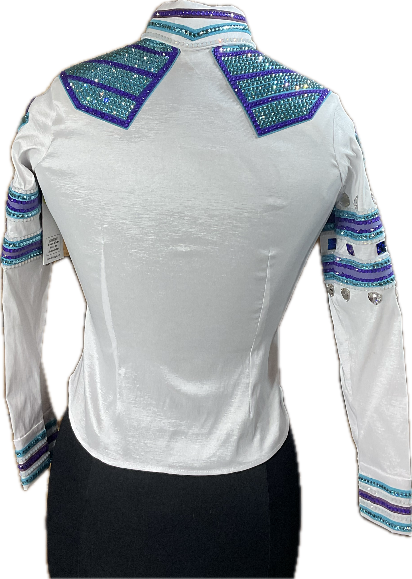 XS white taffeta day shirt with purple and aqua accents