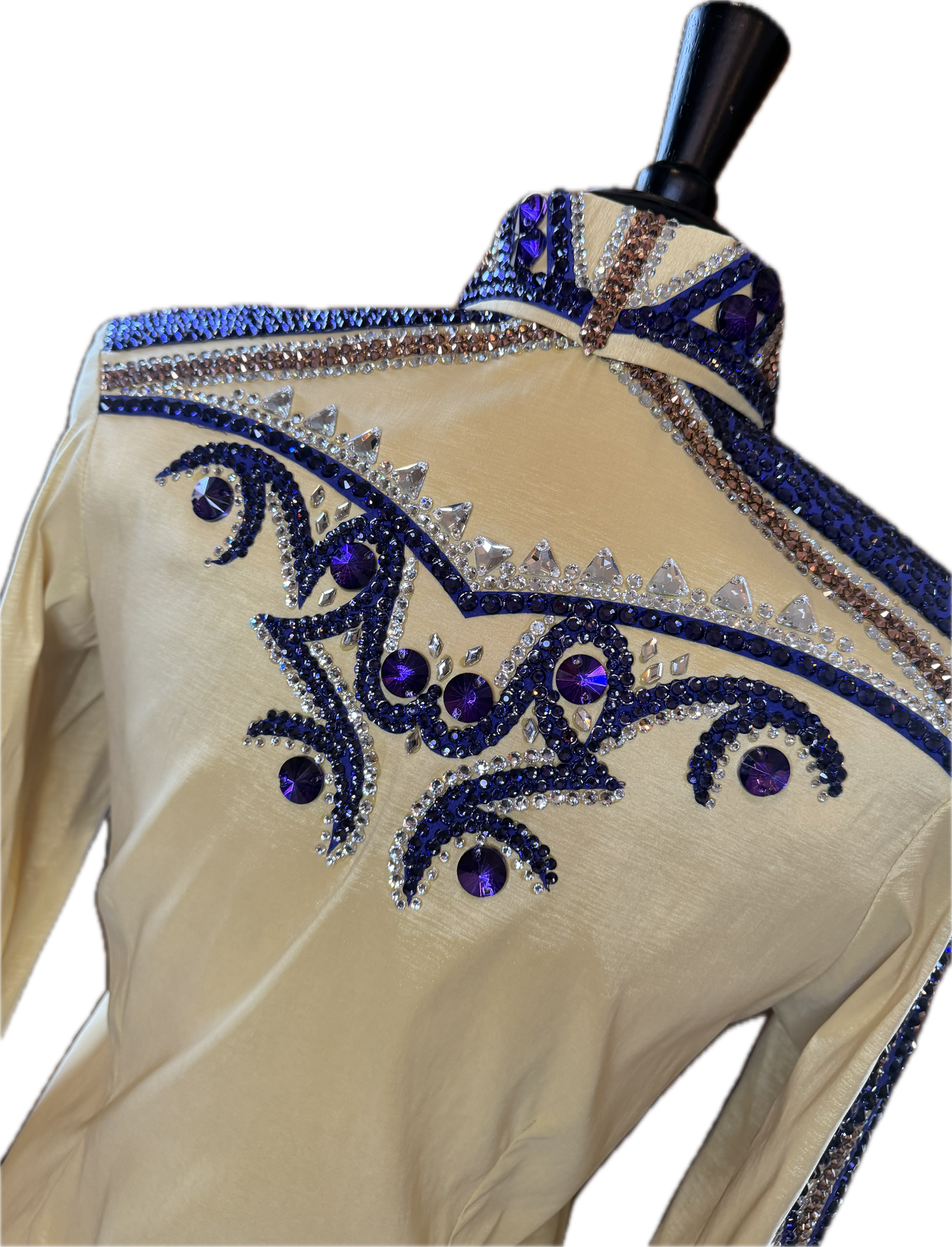 Size medium day shirt gold stretch taffeta with purple retro design