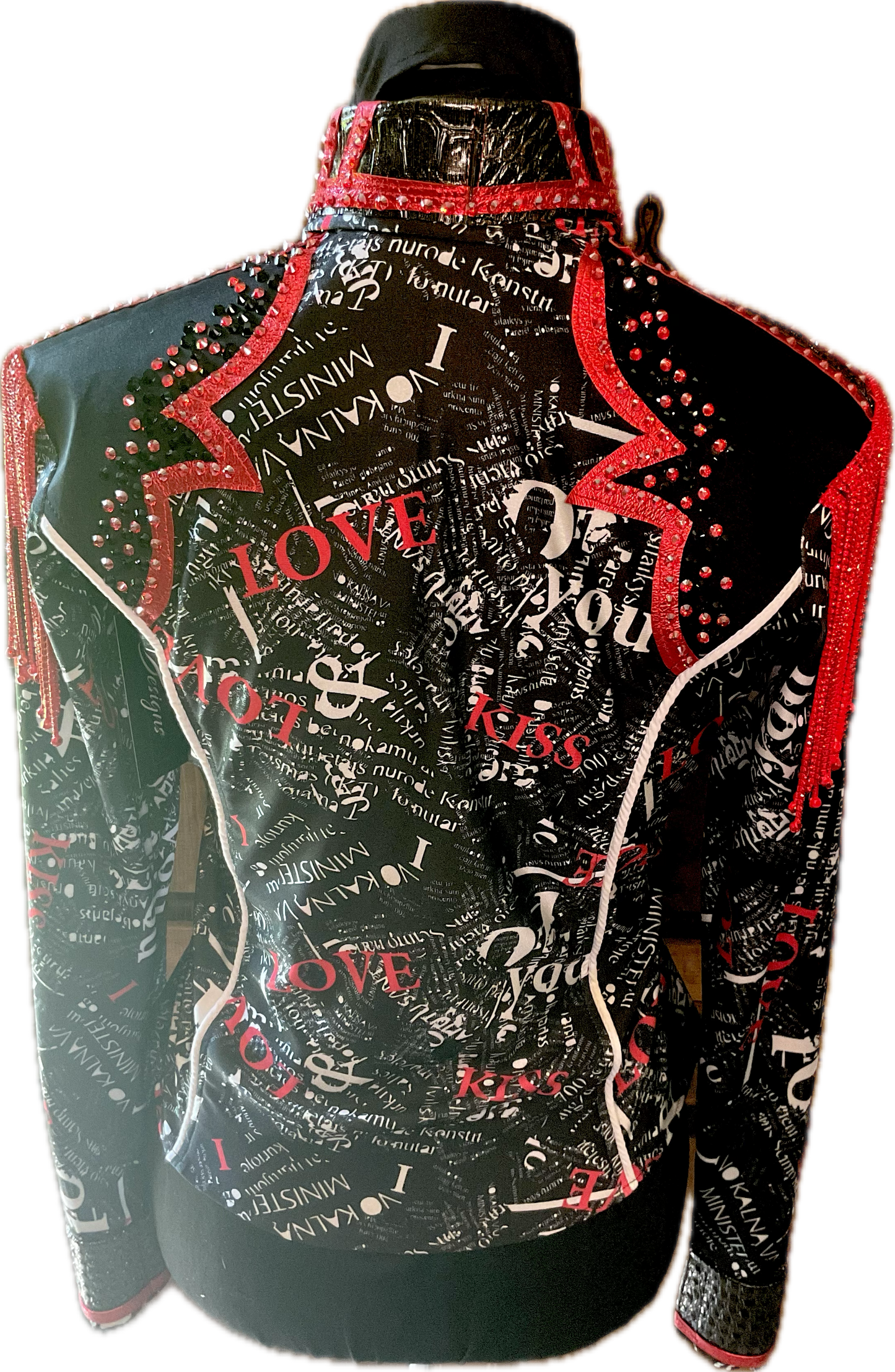 Kids 14 Black Stretch Lycra Day shirt with Red Fringe and White Details