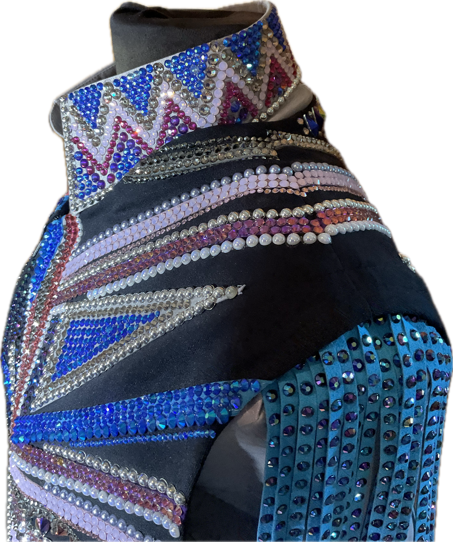 Size XXL black vest set with purples and blues. Detachable shoulder fringe and matching silver stretch taffeta day shirt