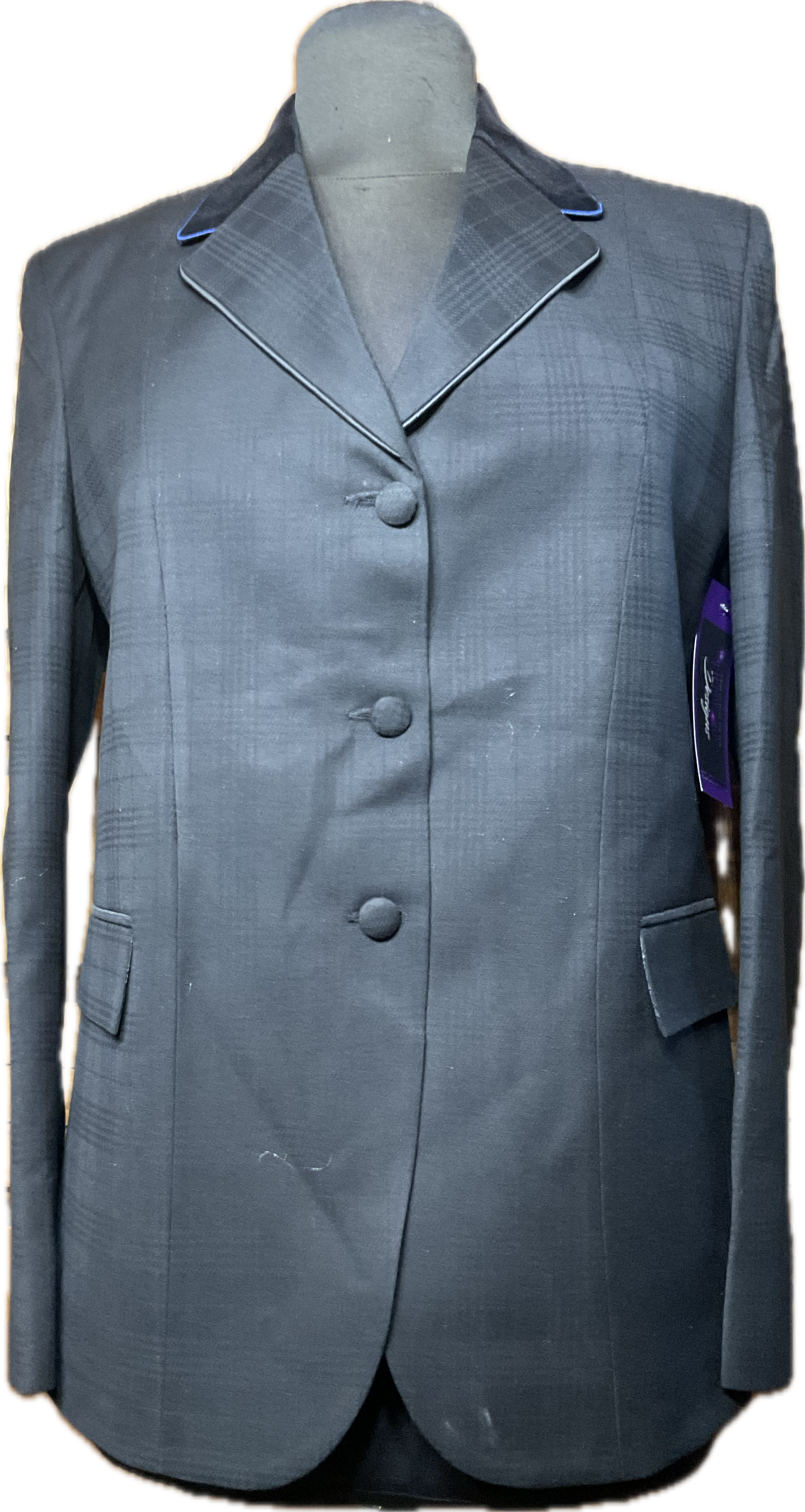 *40 Bust* Black Paid with Black Velvet Collar. Navy and Black Piping