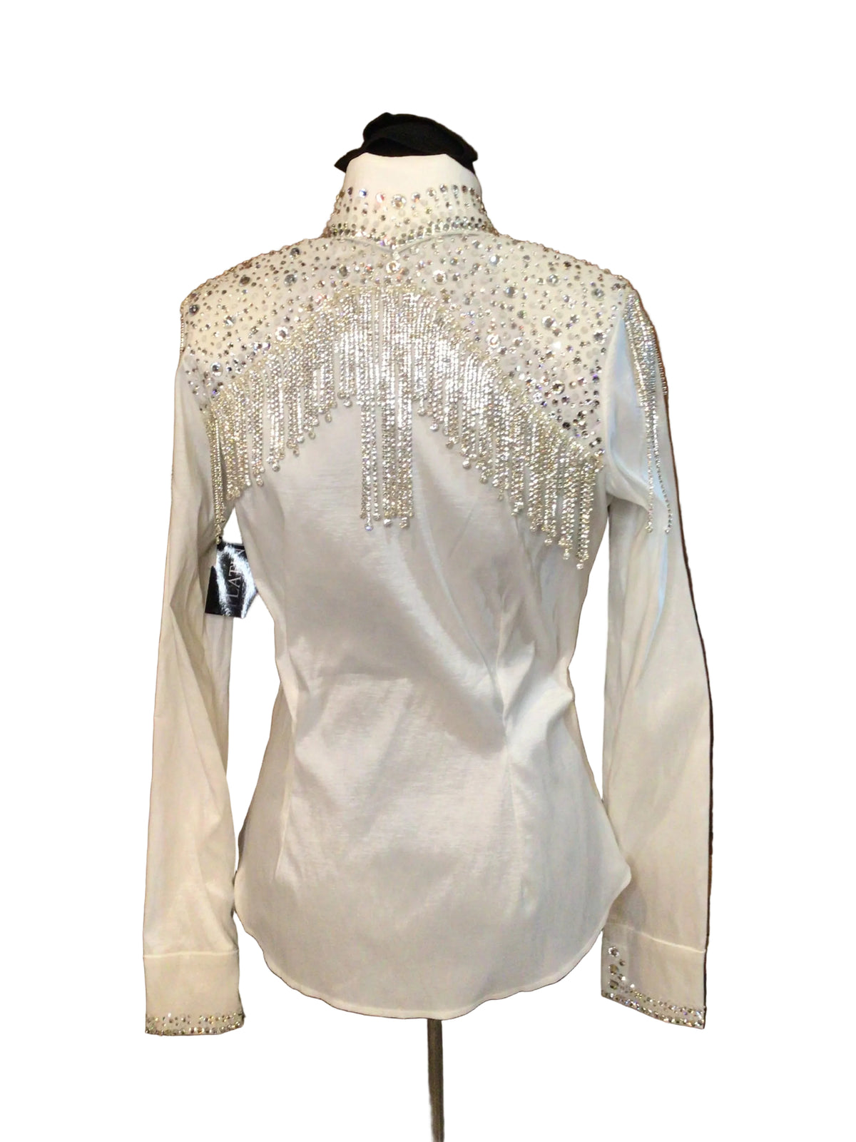 Small White Stretch Taffeta Day Shirt with Silver Rhinestone Fringe Sleeves