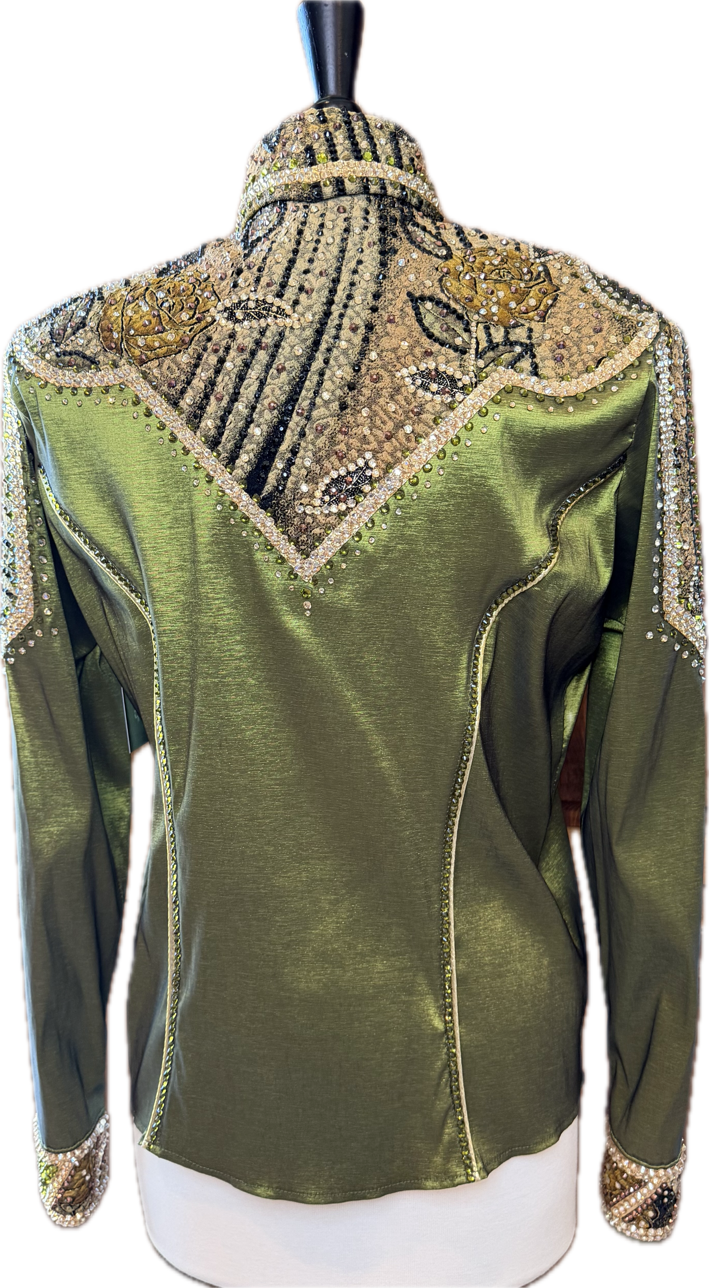 Size large olive green stretch taffeta with retro floral design day shirt