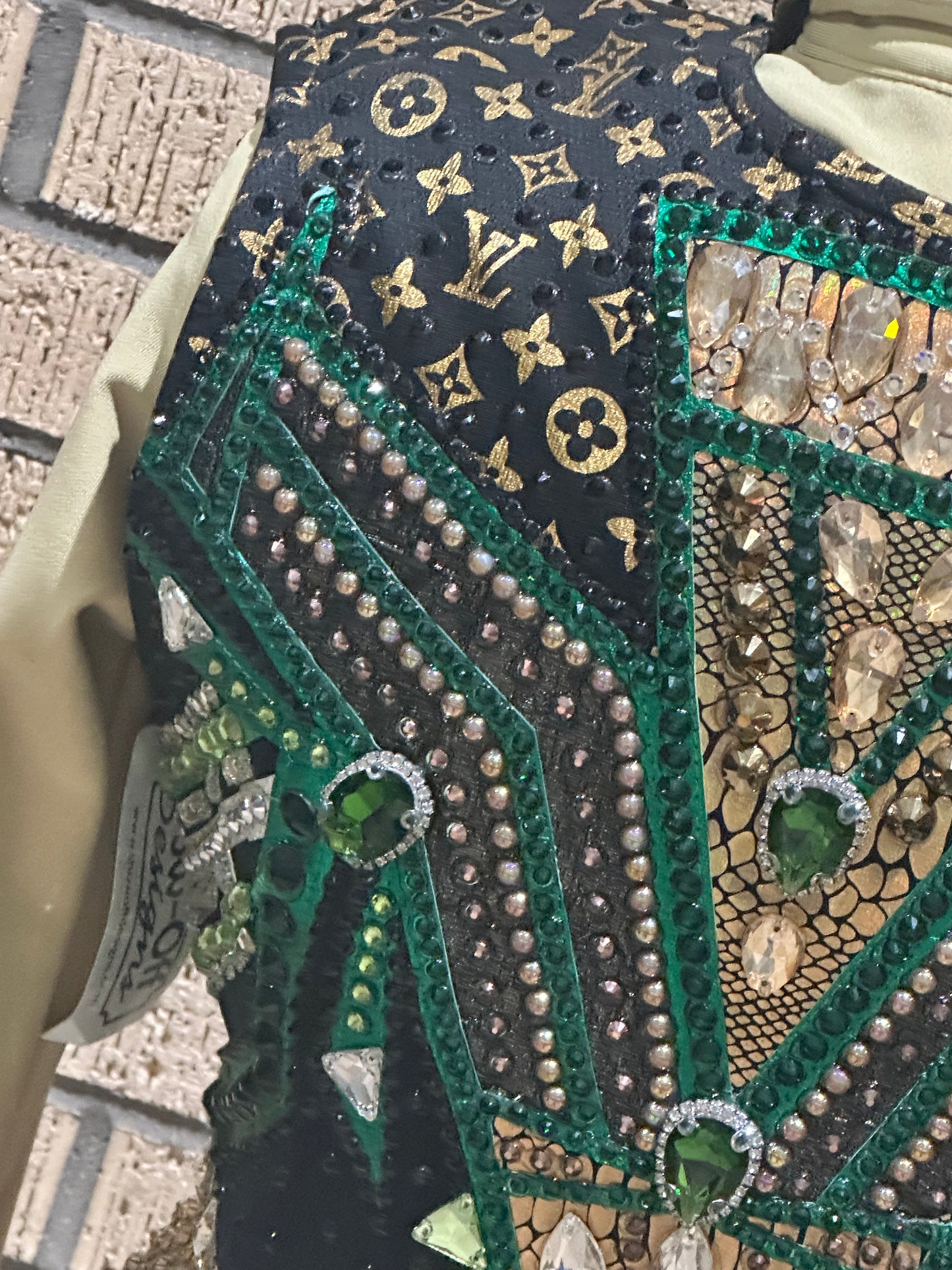 Small Black Vest Set with green, silver, and gold design. LV Pattern vegas gold