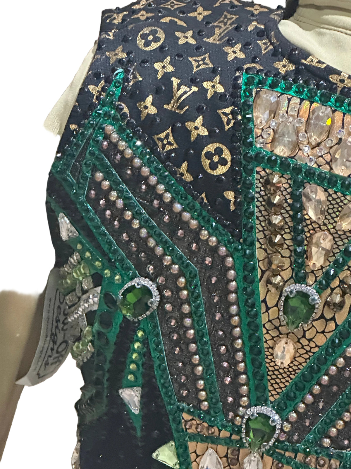 Small Black Vest Set with green, silver, and gold design. LV Pattern vegas gold