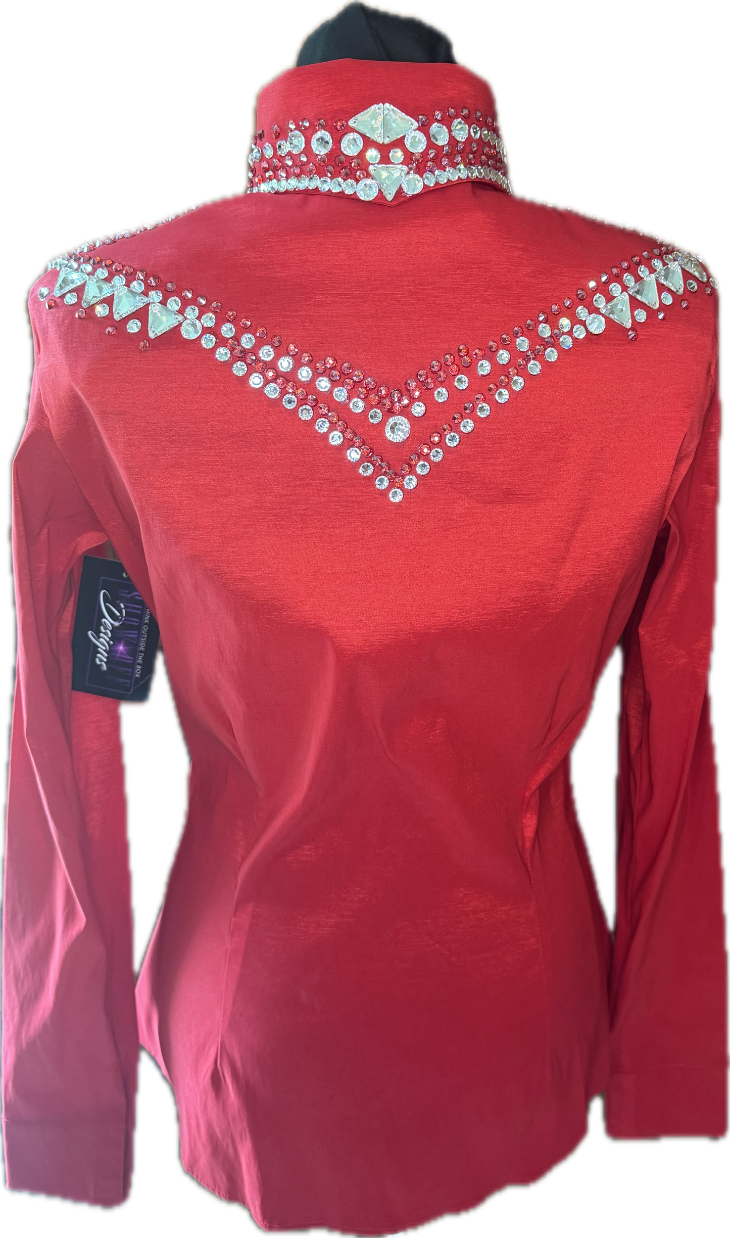 Size small day shirt Red Stretch Taffeta with Clear Retro Crystal Design