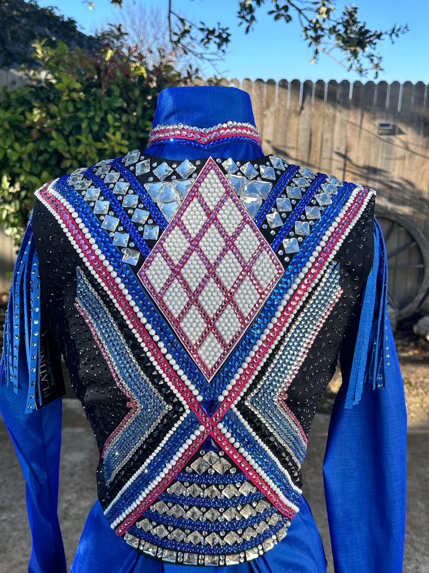 Size medium vest set with black slate blue royal blue pink white detachable shoulder fringe.