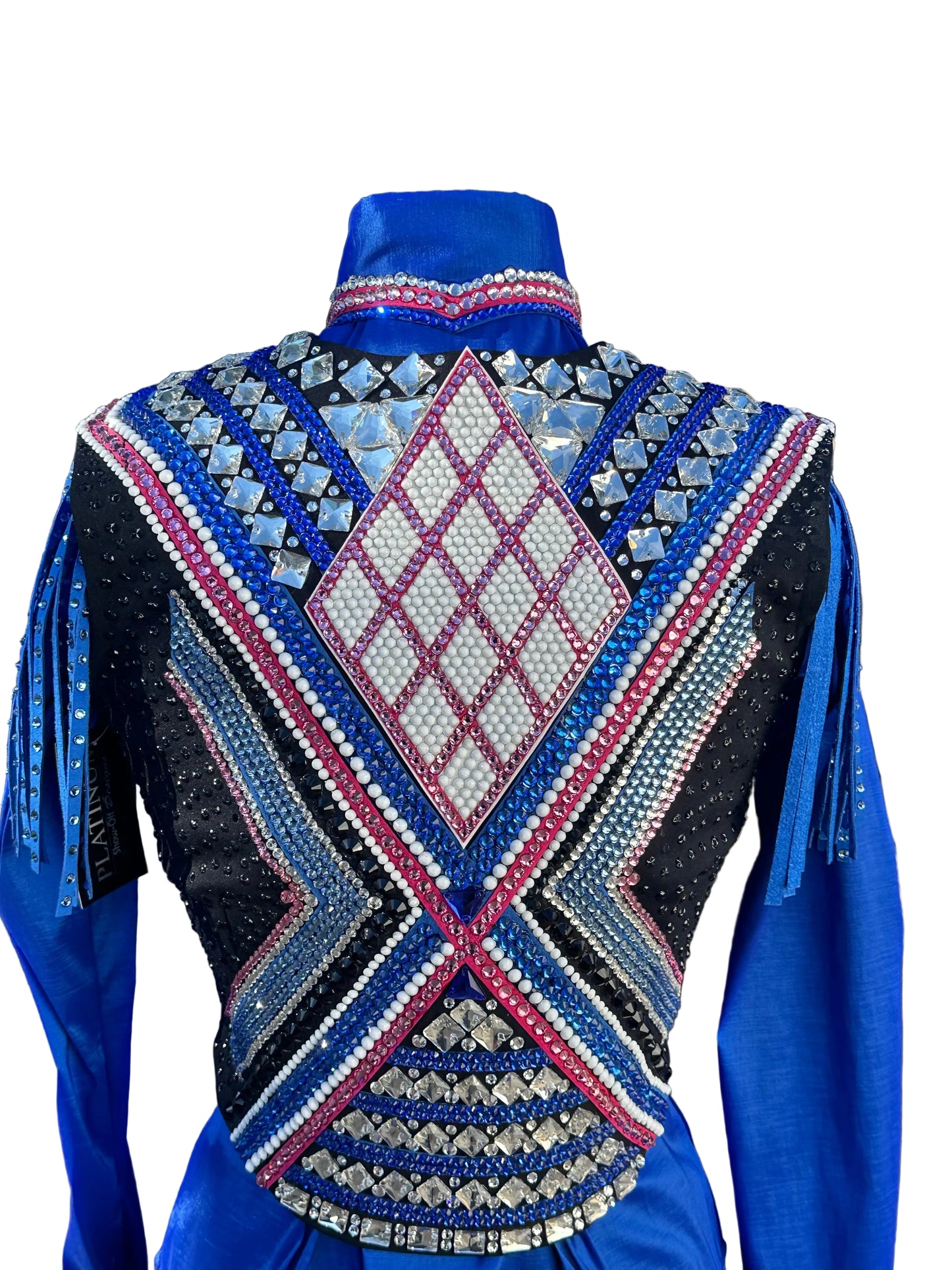 Size medium vest set with black slate blue royal blue pink white detachable shoulder fringe.