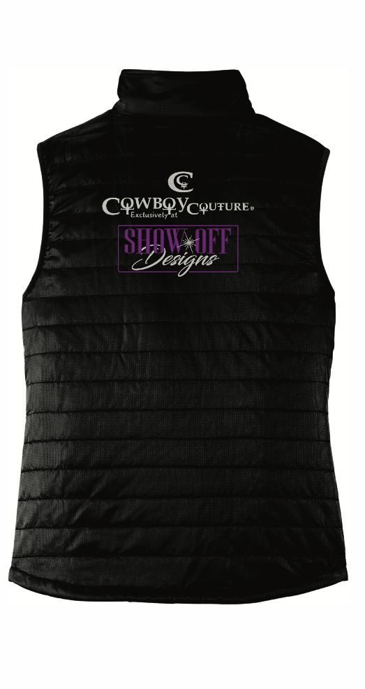Cowboy Couture Puff Embroidered Vest. Unisex, zip up front.