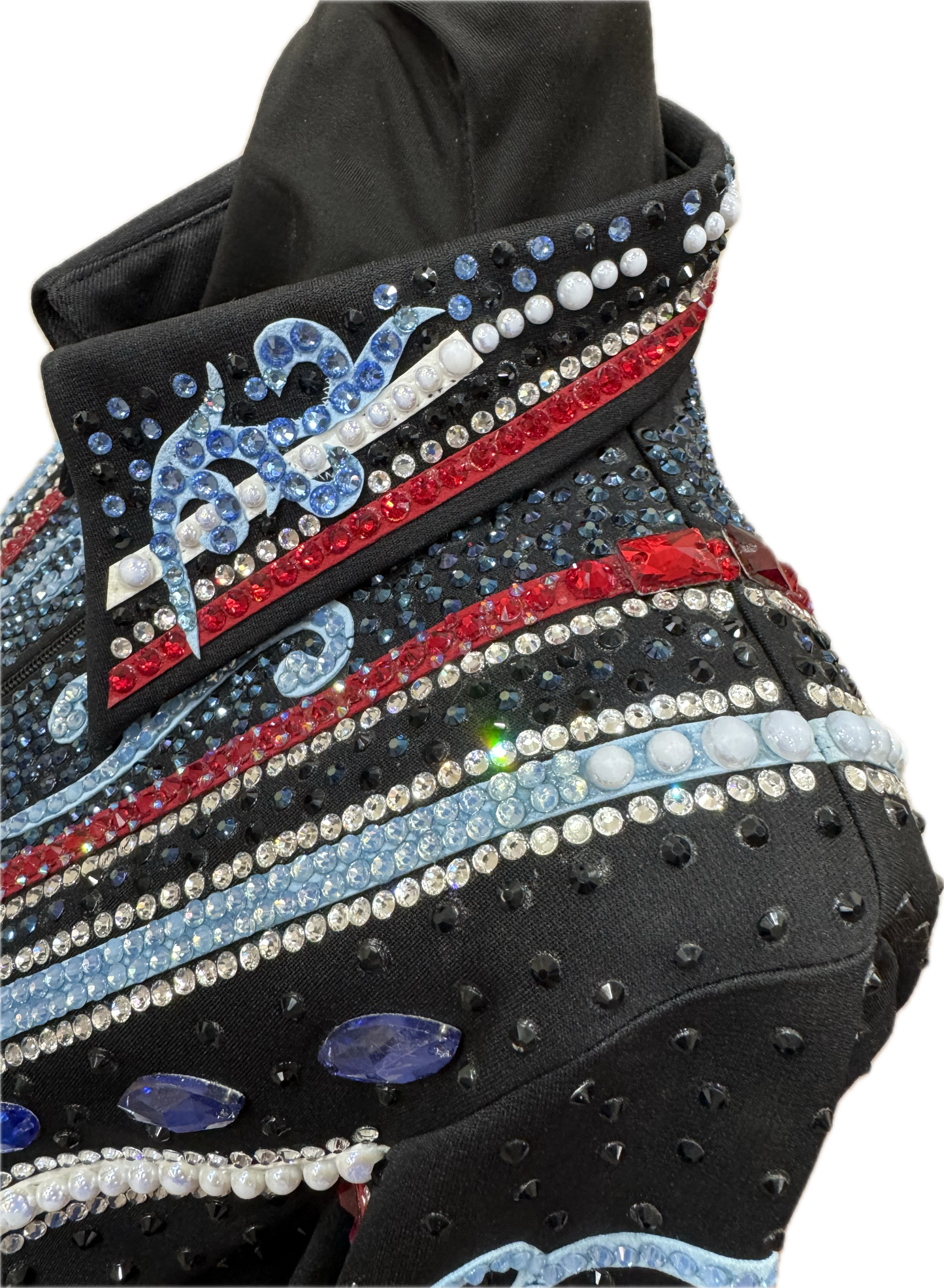 Large Black Showmanship Jacket with Red, Royal Blue and Sky Blue Accents