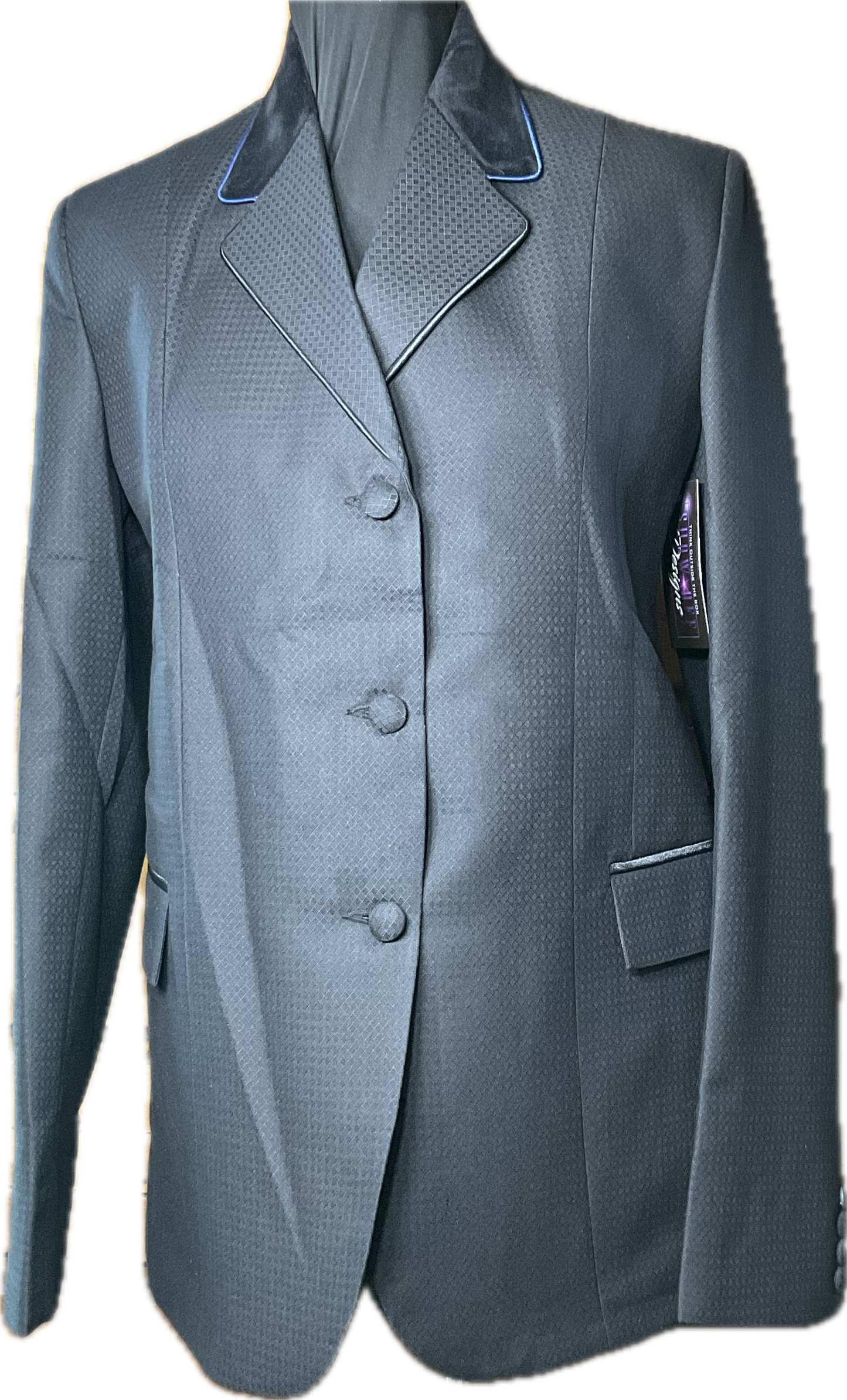 *36 Bust* Black mini diamond print with navy piping. Hidden zipper.