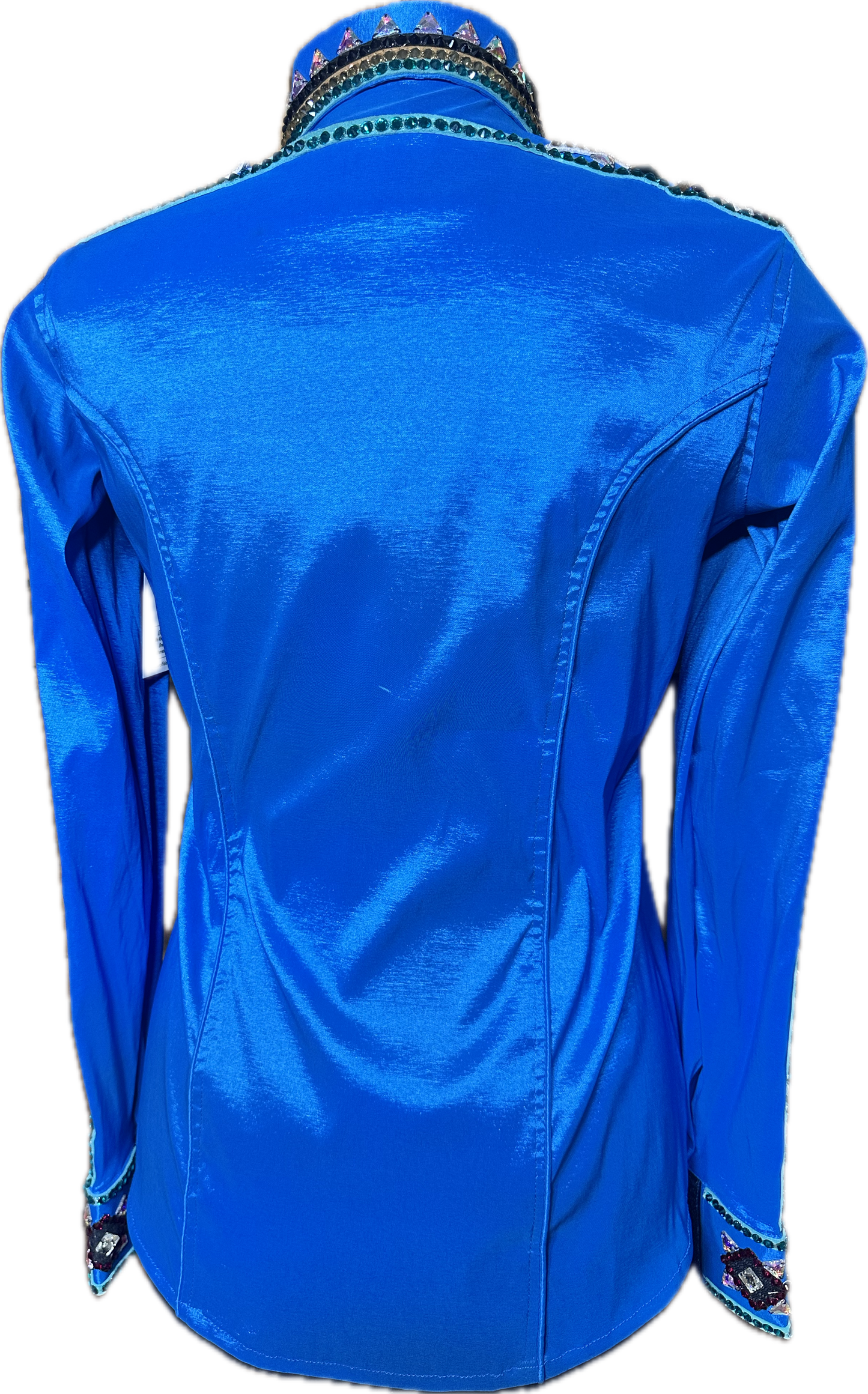 Size Medium Bright Turquoise Stretch Taffeta Day Shirt with Black, Gold, Red, Green and White