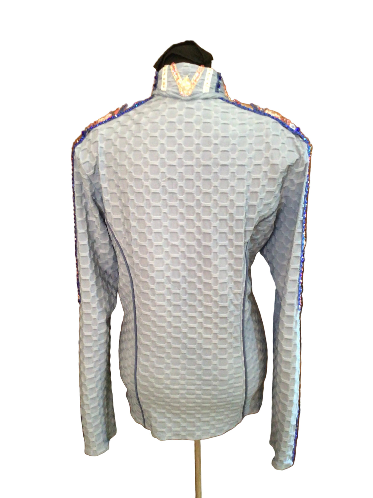 Large Light Blue Textured Stretch Lycra with Rust Colored Shoulder Details