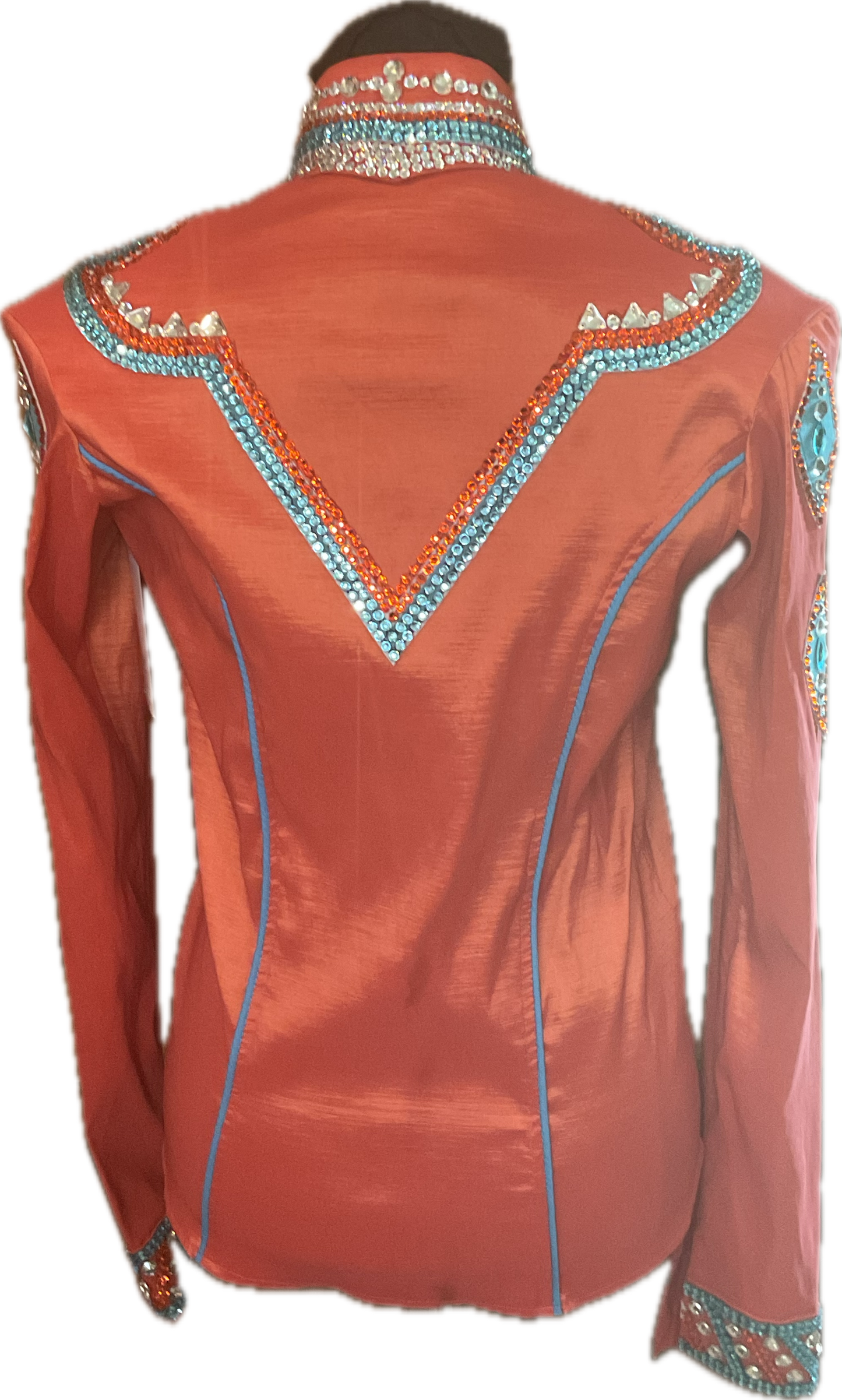 Size Medium Orange Stretch Taffeta Day Shirt with Aqua and Silver Details
