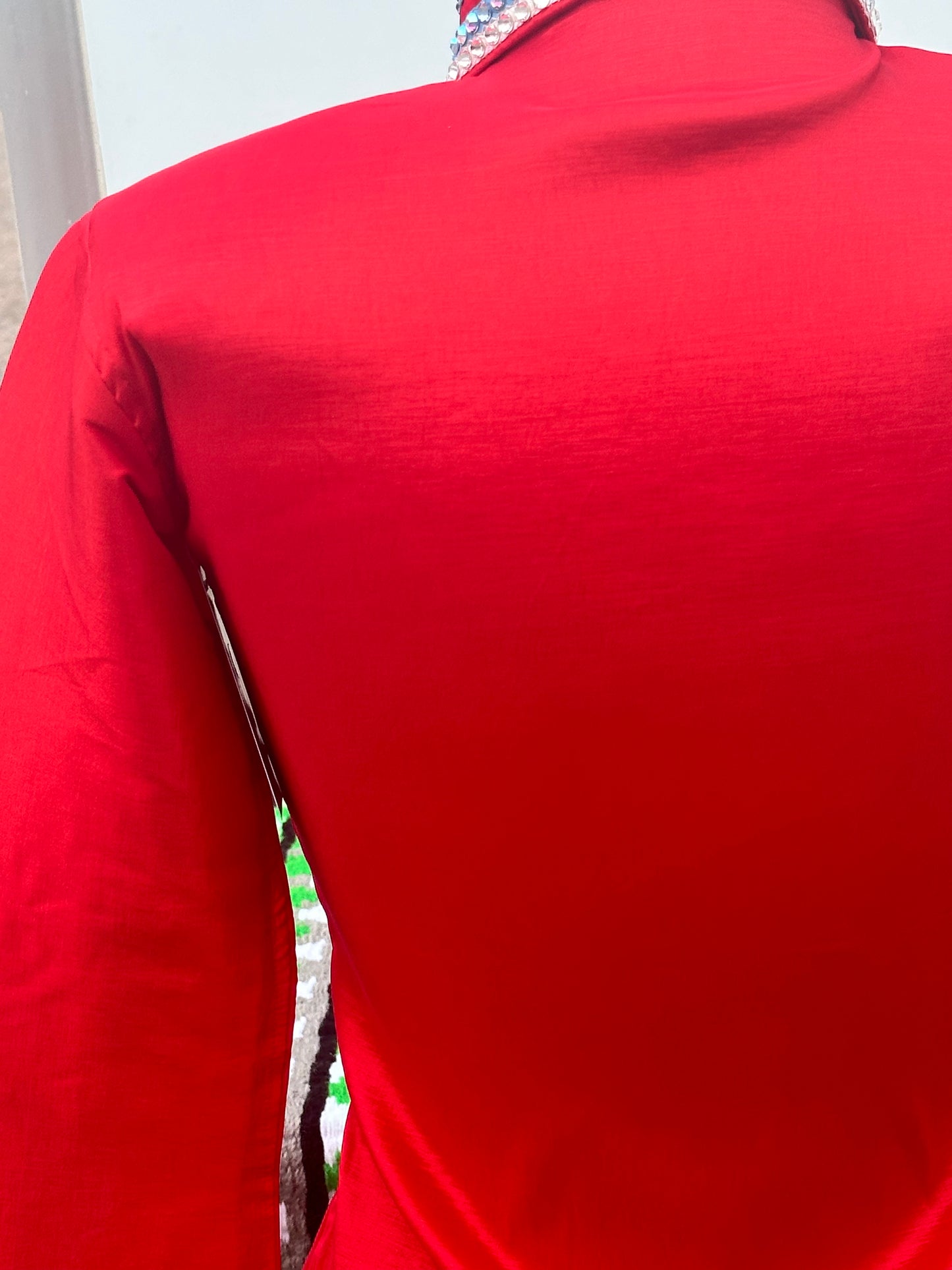 Size small day shirt bright red stretch taffeta with royal, aqua and clear accents