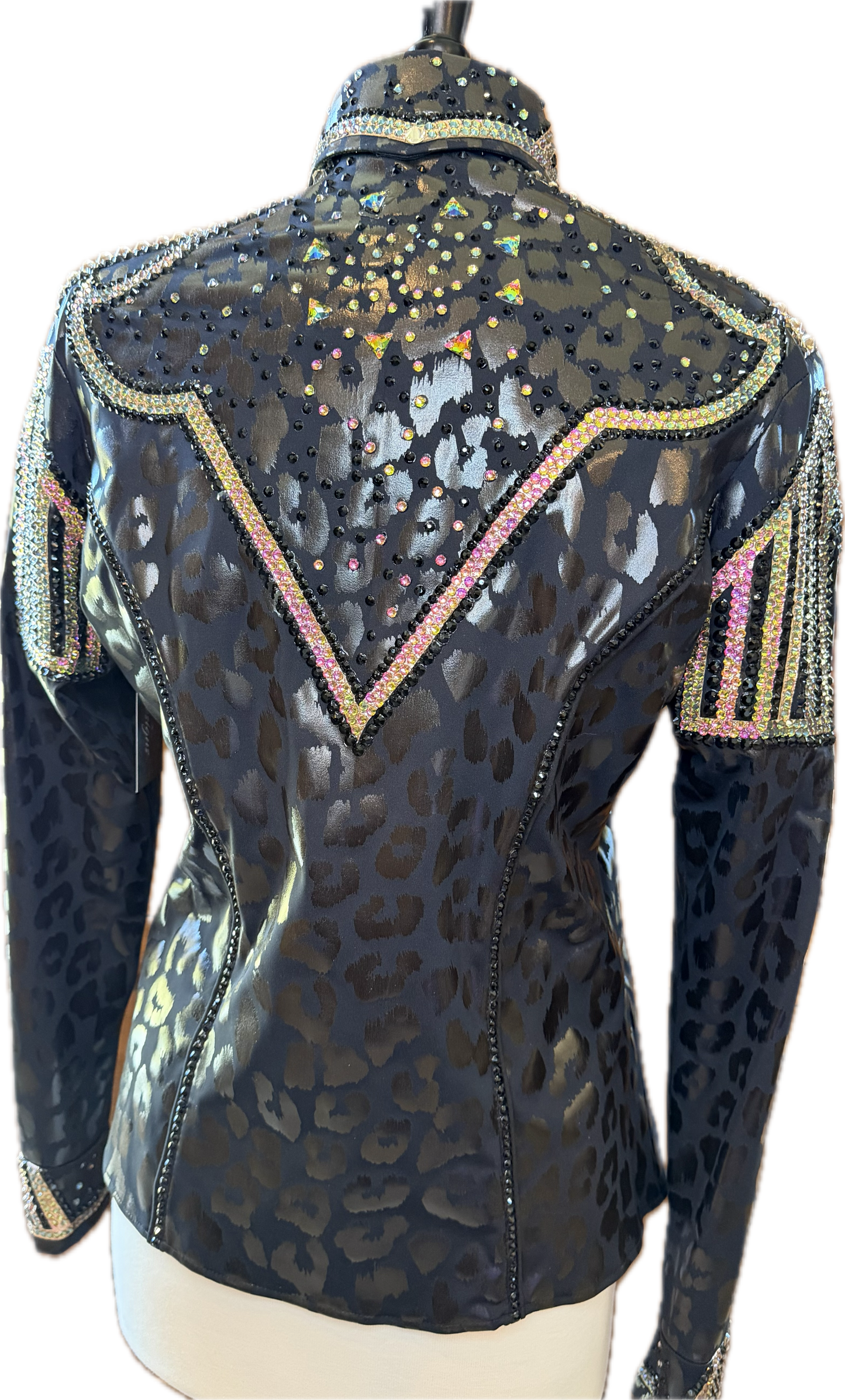 Size Large Black Cheetah Stretch Lycra Day Shirts with GORGEOUS Crystal Accents