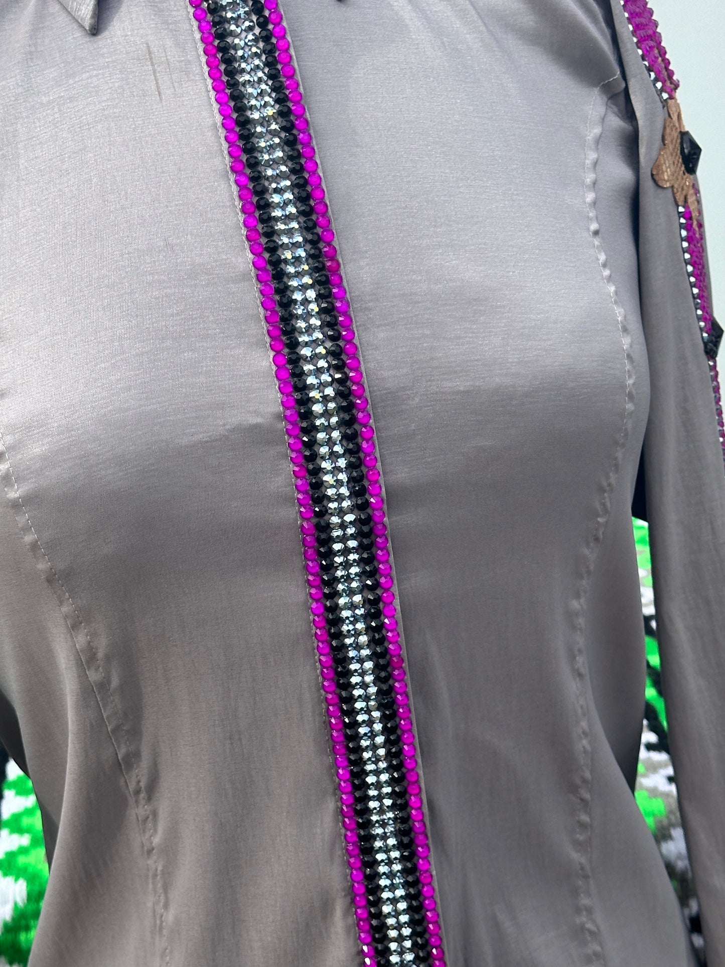 Size small day shirt light grey stretch taffeta with neon pink, gold and gun metal