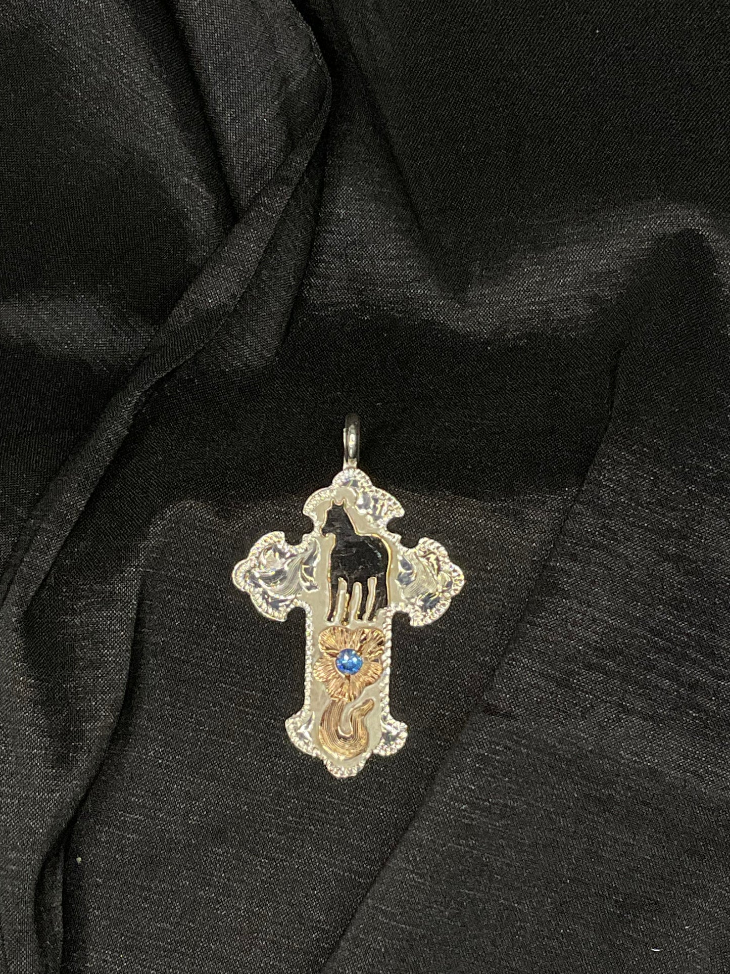 Silver By Wanda #5A P37955B Halter horse with floral and blue cz stone on a gorgeous cross