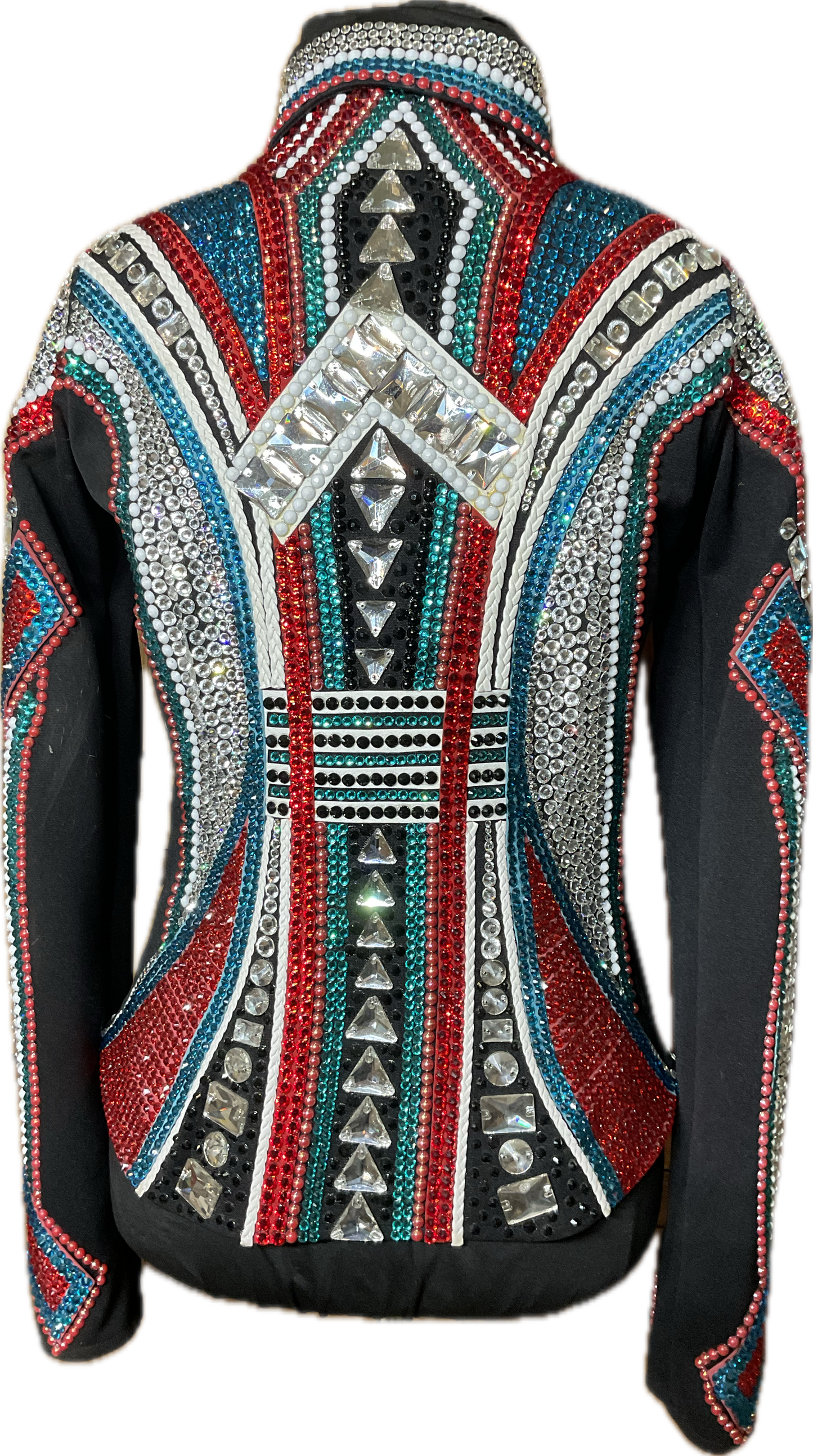 Extra Small Black Showmanship Jacket with Red and Turquoise Accents