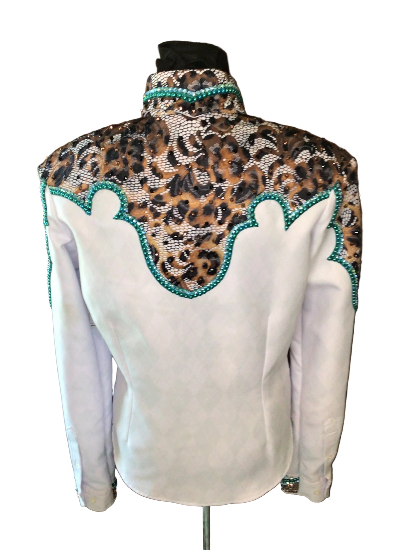 Small White and Cheetah Yoke Design. CowboyCouture Fabric for the body. Moisture wicking!
