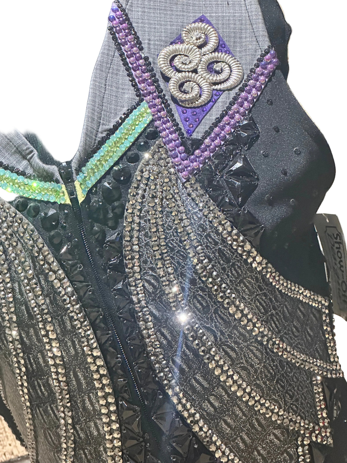Size medium vest with silver, charcoal grey, purple and a hint of green