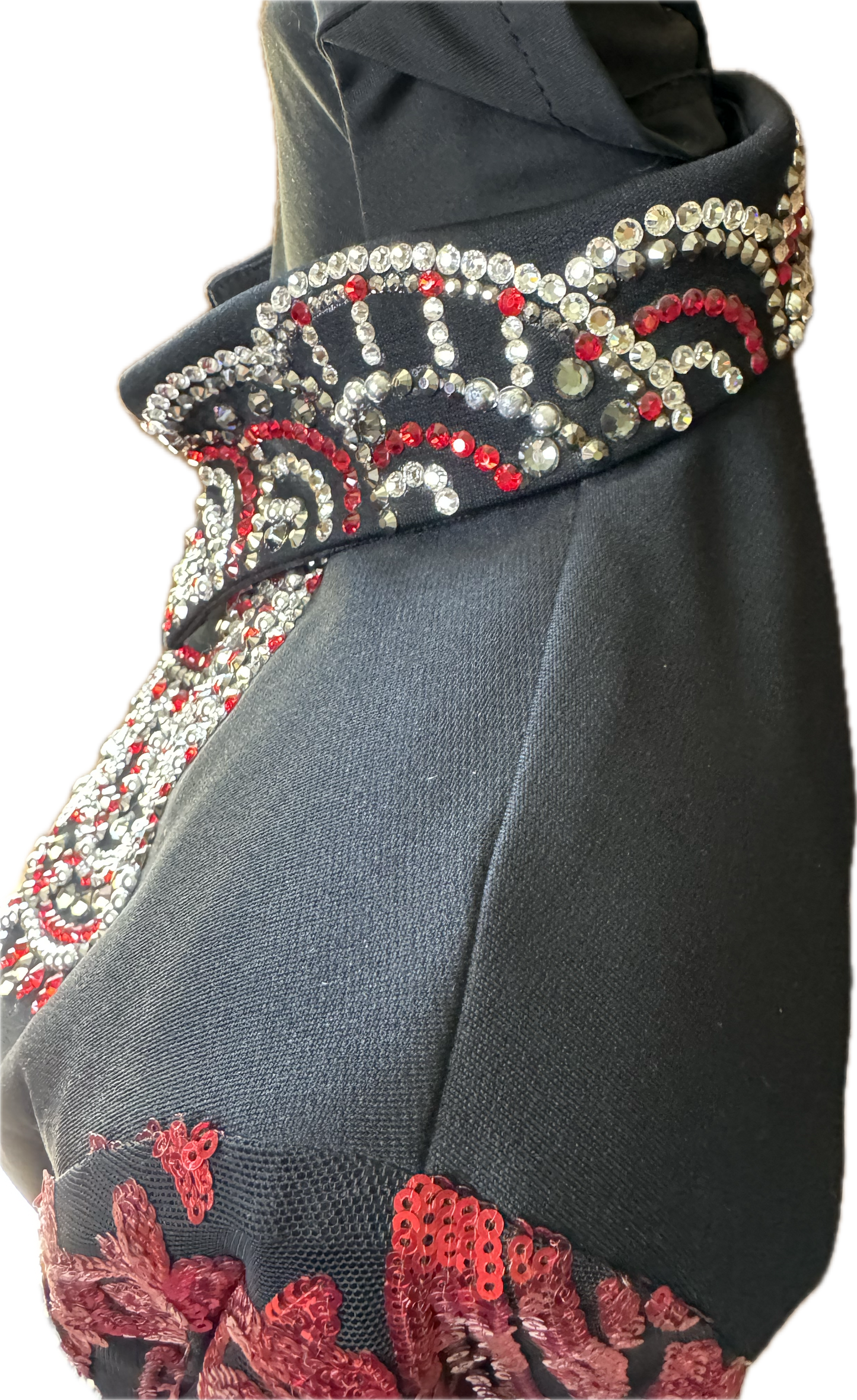 Size small black stratch day shirt with red sequin lace sleeves