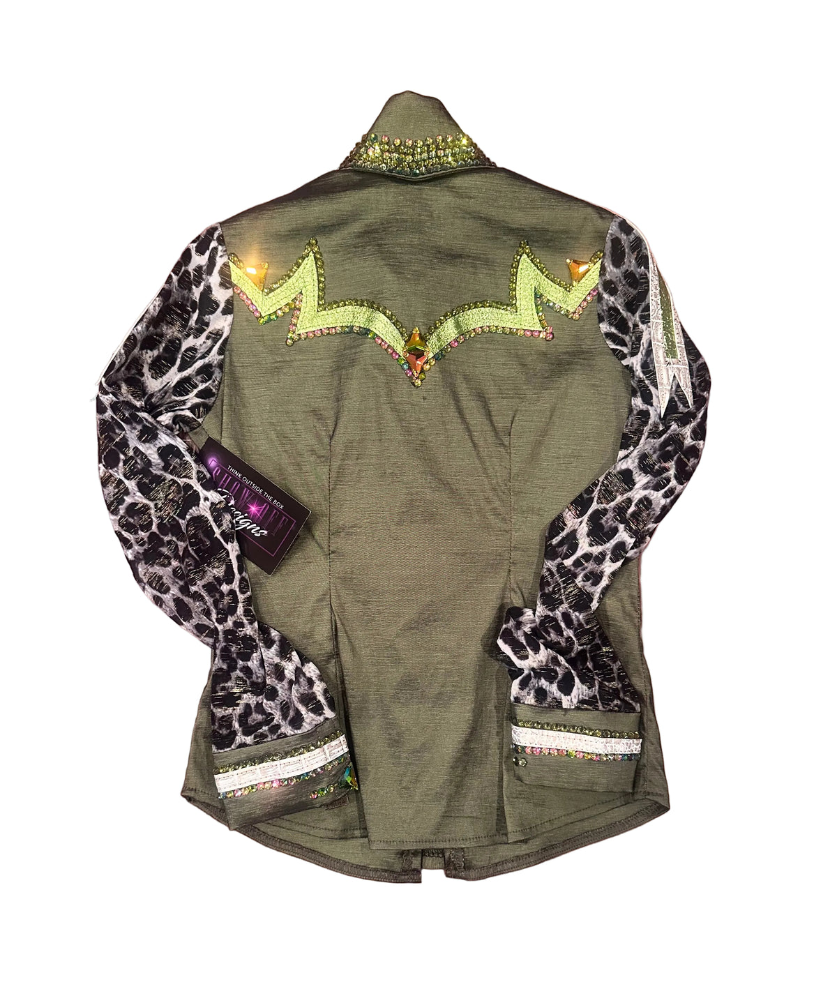 Kids 6 Olive Green Stretch Taffeta with Retro Design and Leopard Sleeves