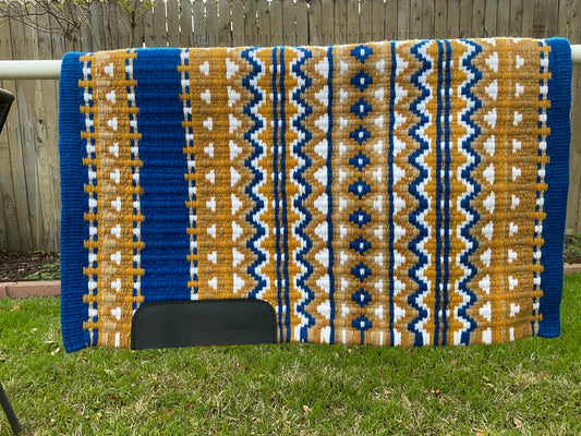 a135- Oversized Saddle blanket Bright Royal Blue, Gold, White, French Tan